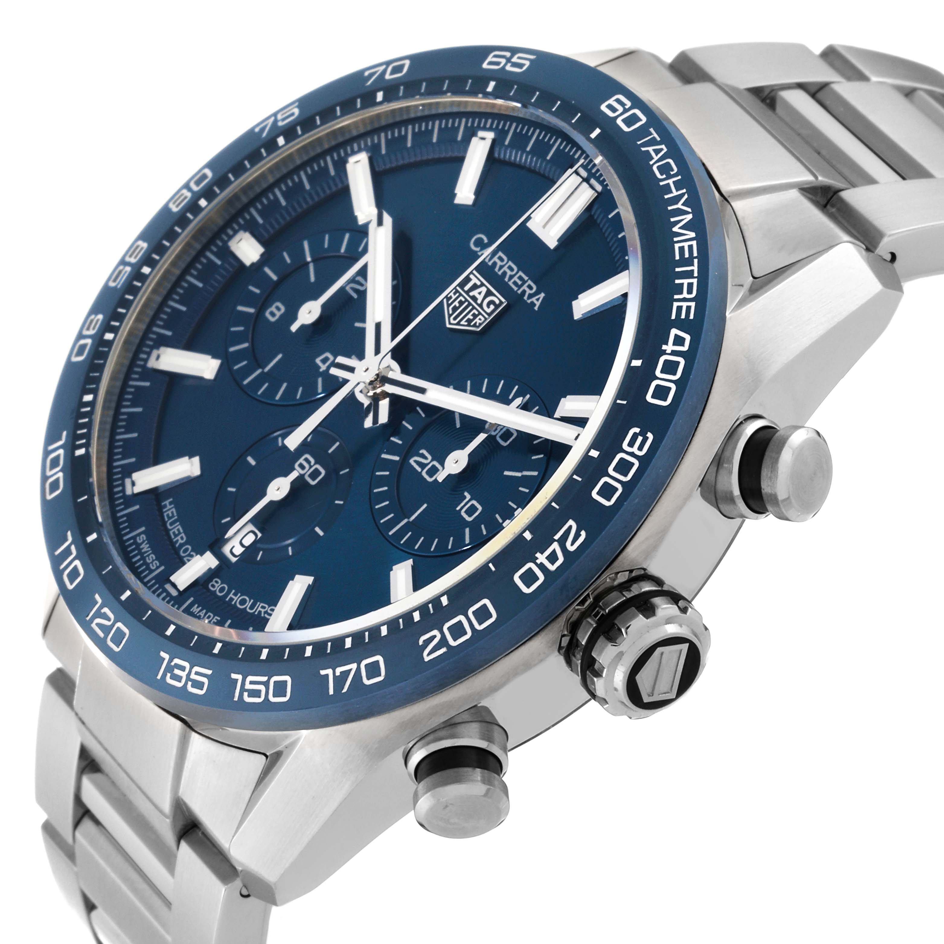 The image shows a side angle of the Tag Heuer Carrera CBN2A1A Men's Stainless Steel Blue Dial CBN2A1A Men's Stainless Steel Blue Dial watch, highlighting the face, bezel, pushers, and part of the bracelet.