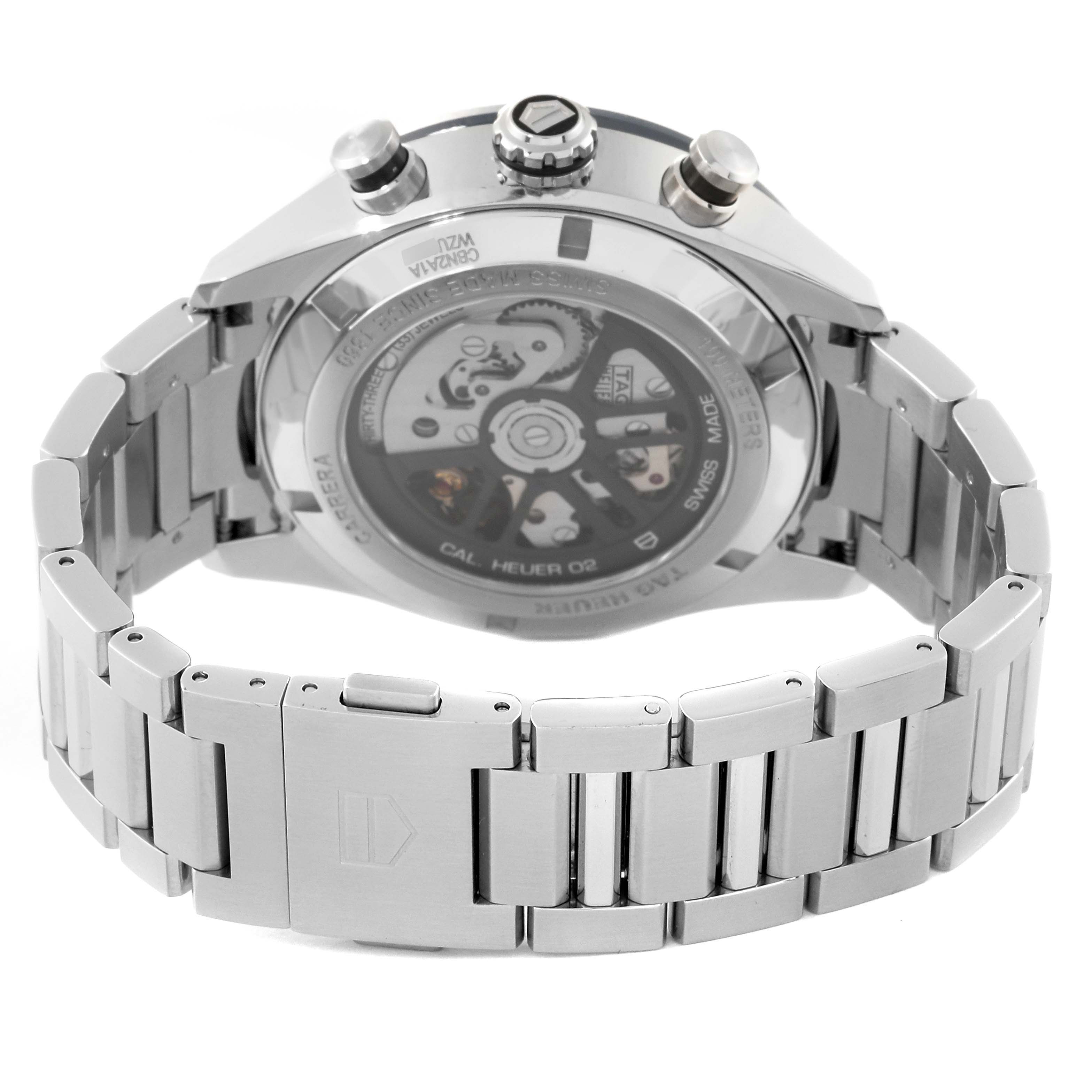 The image shows a Tag Heuer Carrera CBN2A1A Men's Stainless Steel Blue Dial CBN2A1A Men's Stainless Steel Blue Dial watch from a rear, three-quarter angle, highlighting the exhibition case back and bracelet.