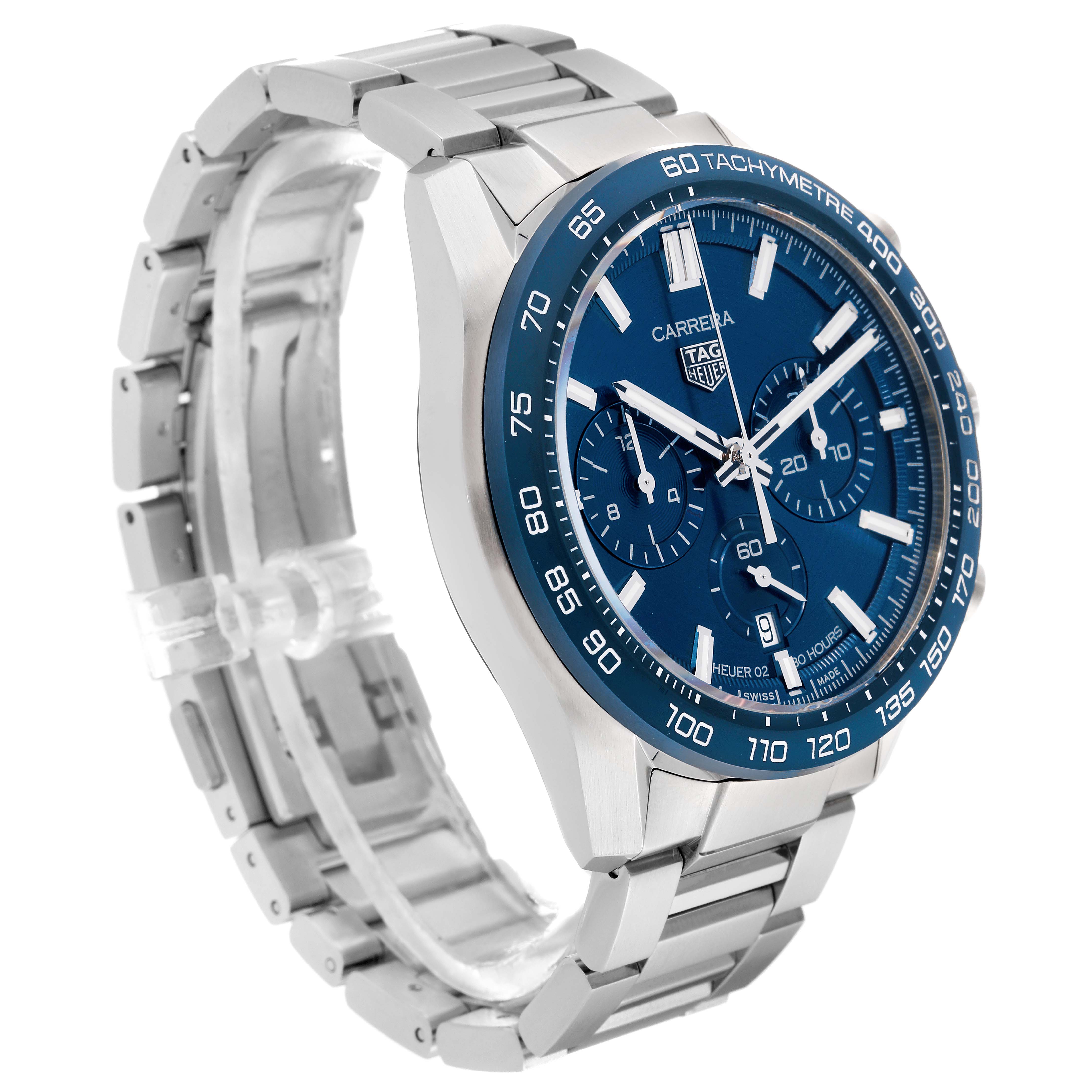 The image shows a Tag Heuer Carrera CBN2A1A Men's Stainless Steel Blue Dial CBN2A1A Men's Stainless Steel Blue Dial watch at a three-quarters angle, highlighting the face, bezel, and part of the bracelet.
