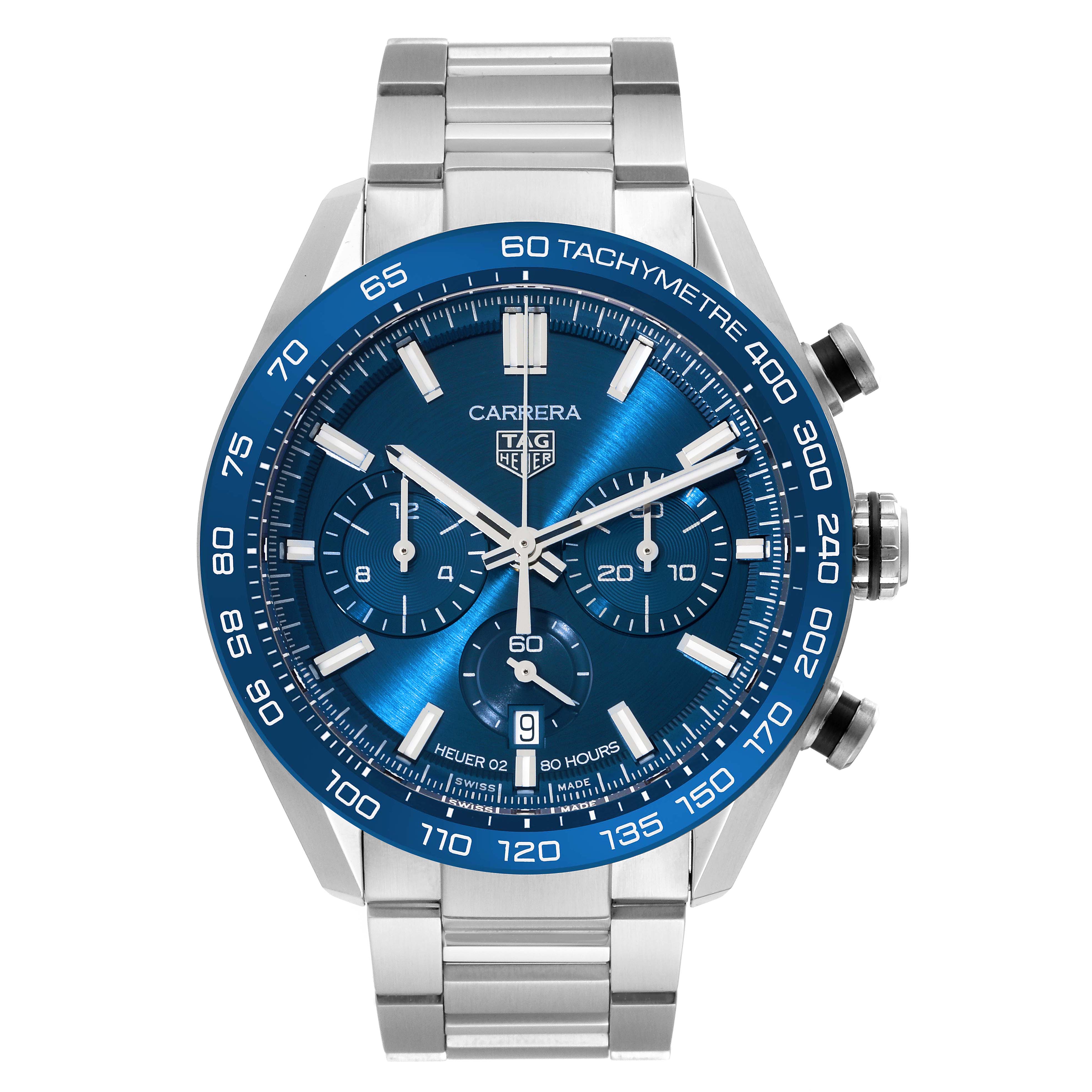 The image shows a front view of the Tag Heuer Carrera CBN2A1A Men's Stainless Steel Blue Dial CBN2A1A Men's Stainless Steel Blue Dial watch, highlighting its blue dial, chronograph subdials, and metal bracelet.
