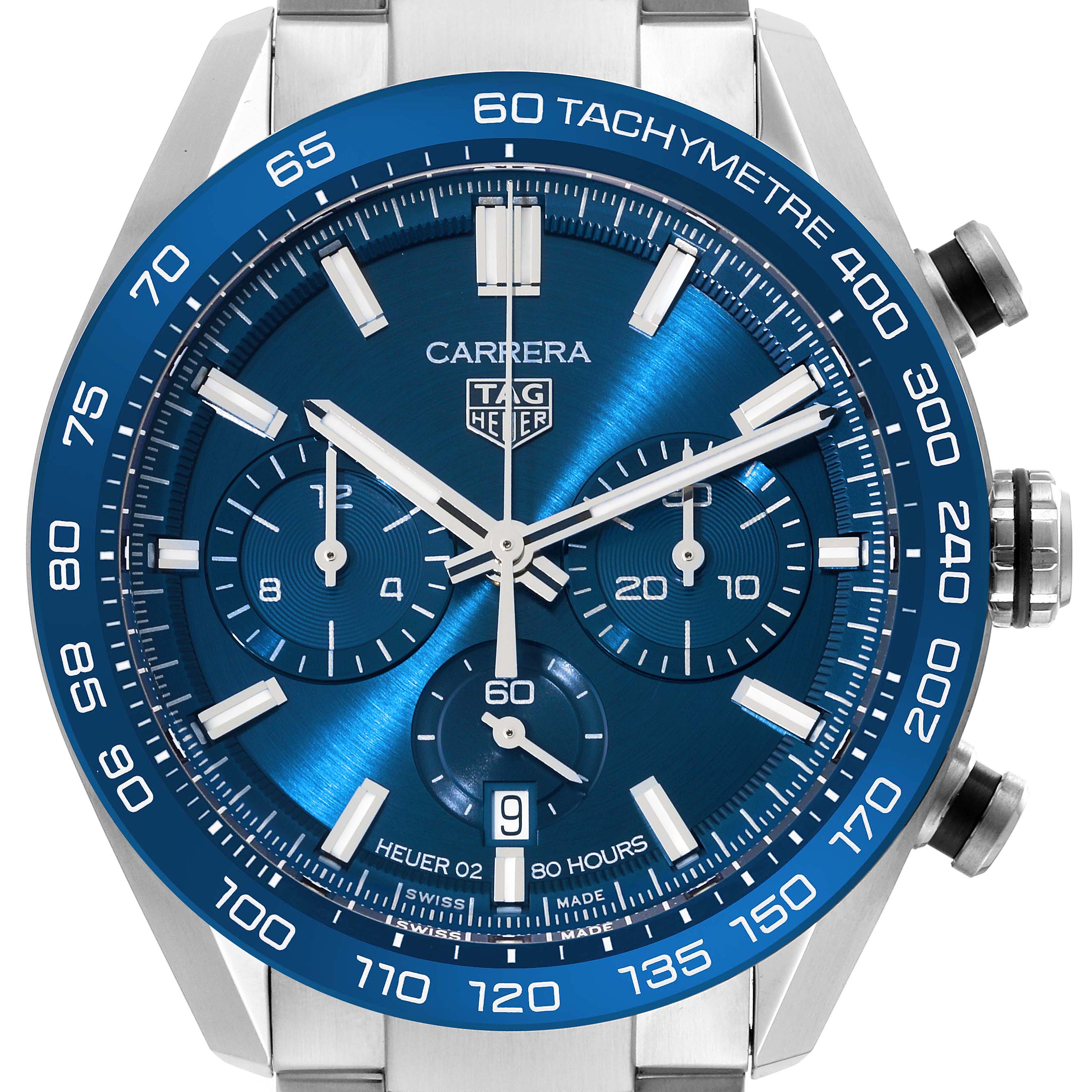 This image shows a front view of a Tag Heuer Carrera CBN2A1A Men's Stainless Steel Blue Dial CBN2A1A Men's Stainless Steel Blue Dial watch, highlighting the blue dial, tachymeter, and chronograph subdials.