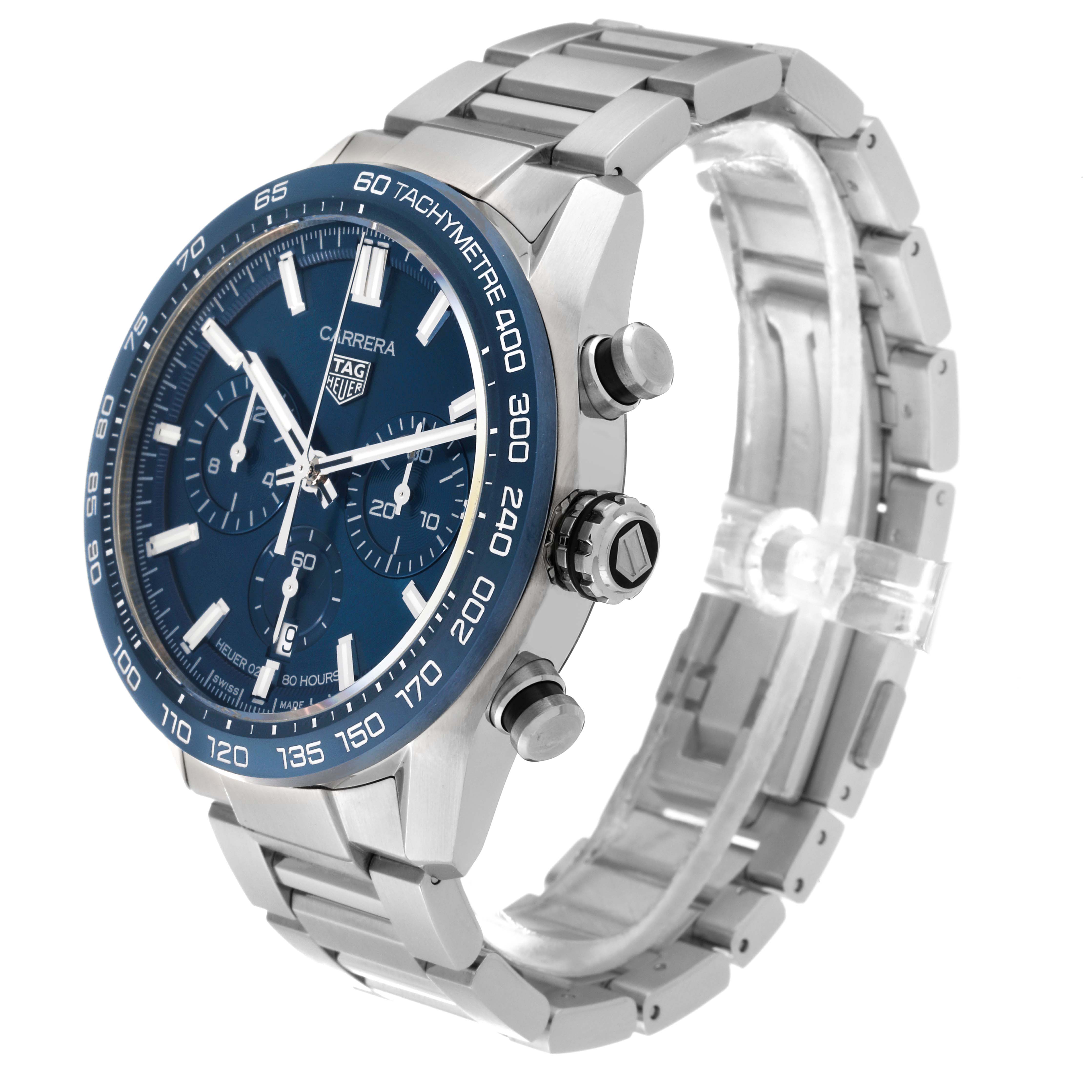 The image shows a Tag Heuer Carrera CBN2A1A Men's Stainless Steel Blue Dial CBN2A1A Men's Stainless Steel Blue Dial watch at a three-quarter angle displaying its face, side buttons, and metal bracelet.