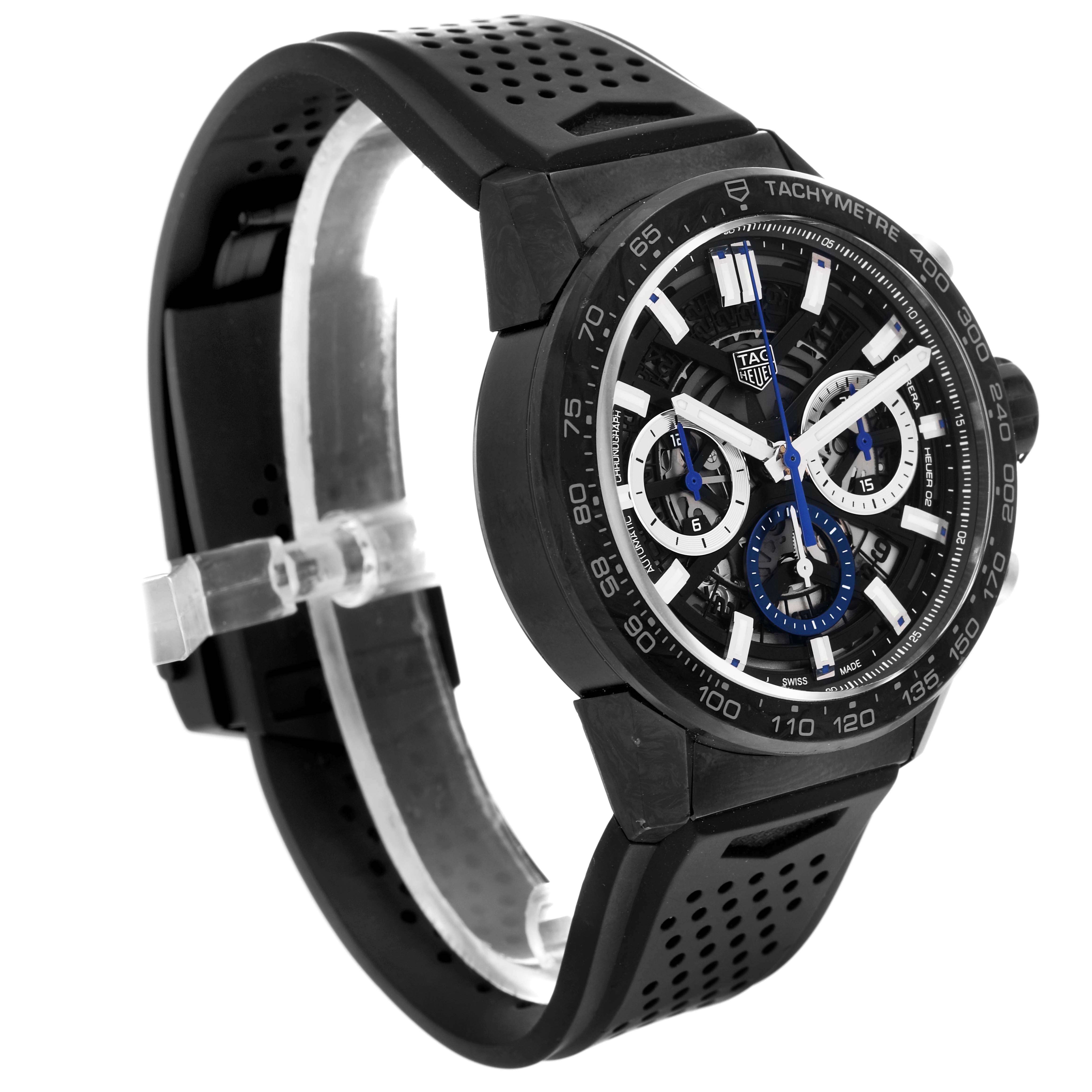 The image shows the Tag Heuer Limited Edition CBG2017 Men
s Stainless Steel Black Dial CBG2017 Men
s Stainless Steel Black Dial watch at a three-quarter angle, displaying its face, dial, and black rubber strap.