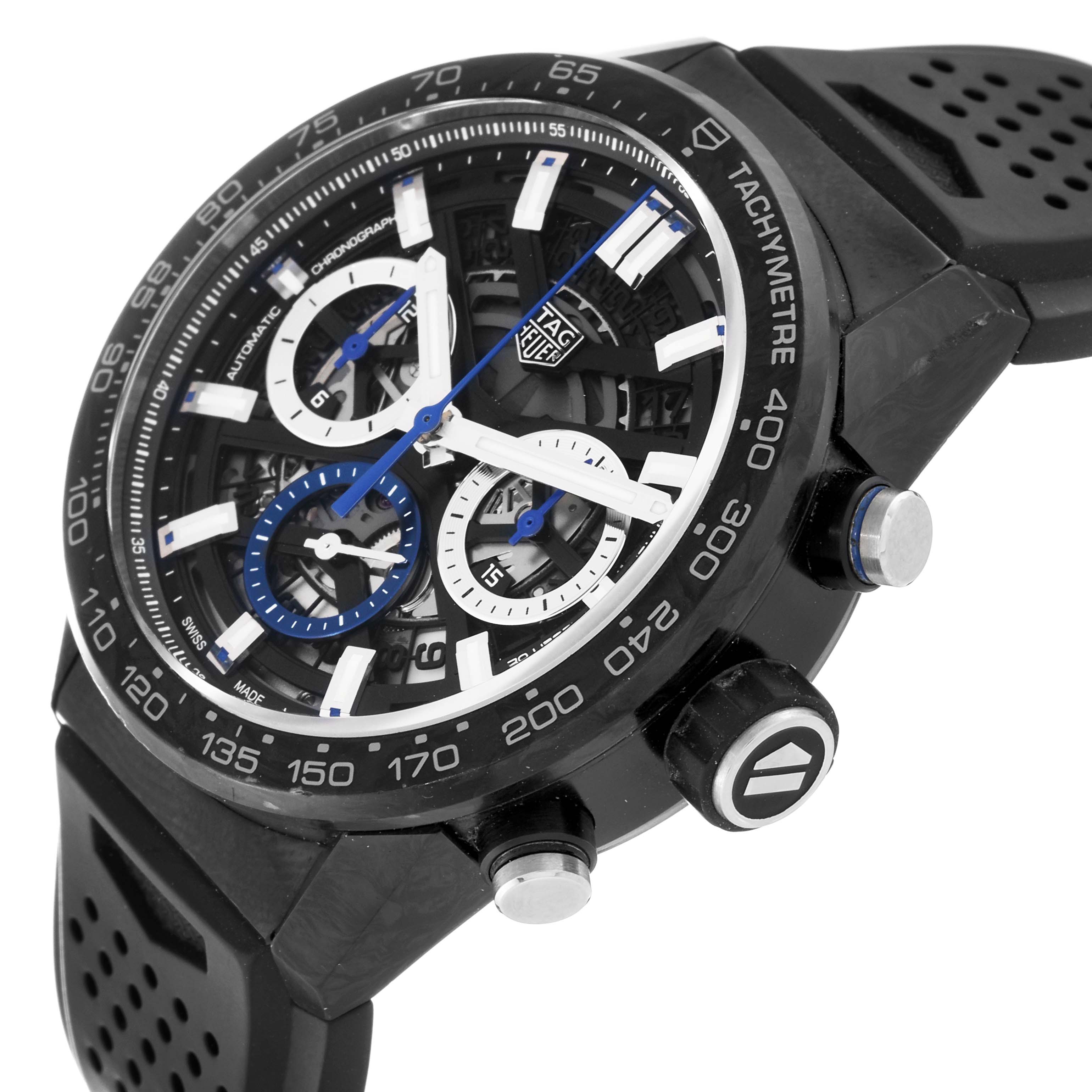 This Limited Edition Tag Heuer watch is shown at an angled front view, highlighting its bezel, tachymeter, dial, sub-dials, and pushers.