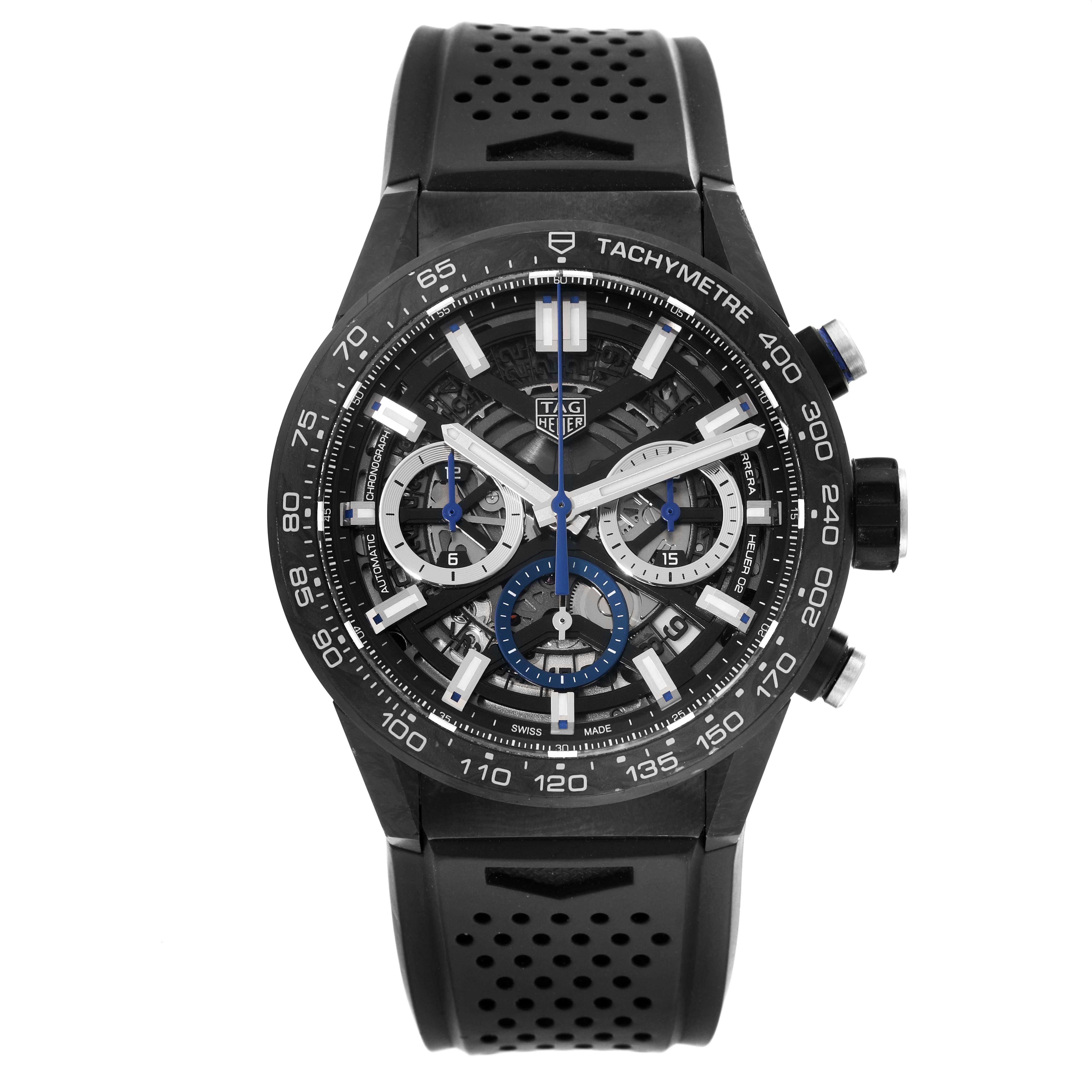 The image shows a frontal view of the Tag Heuer Limited Edition CBG2017 Men
s Stainless Steel Black Dial CBG2017 Men
s Stainless Steel Black Dial watch, highlighting its detailed face and perforated black strap.