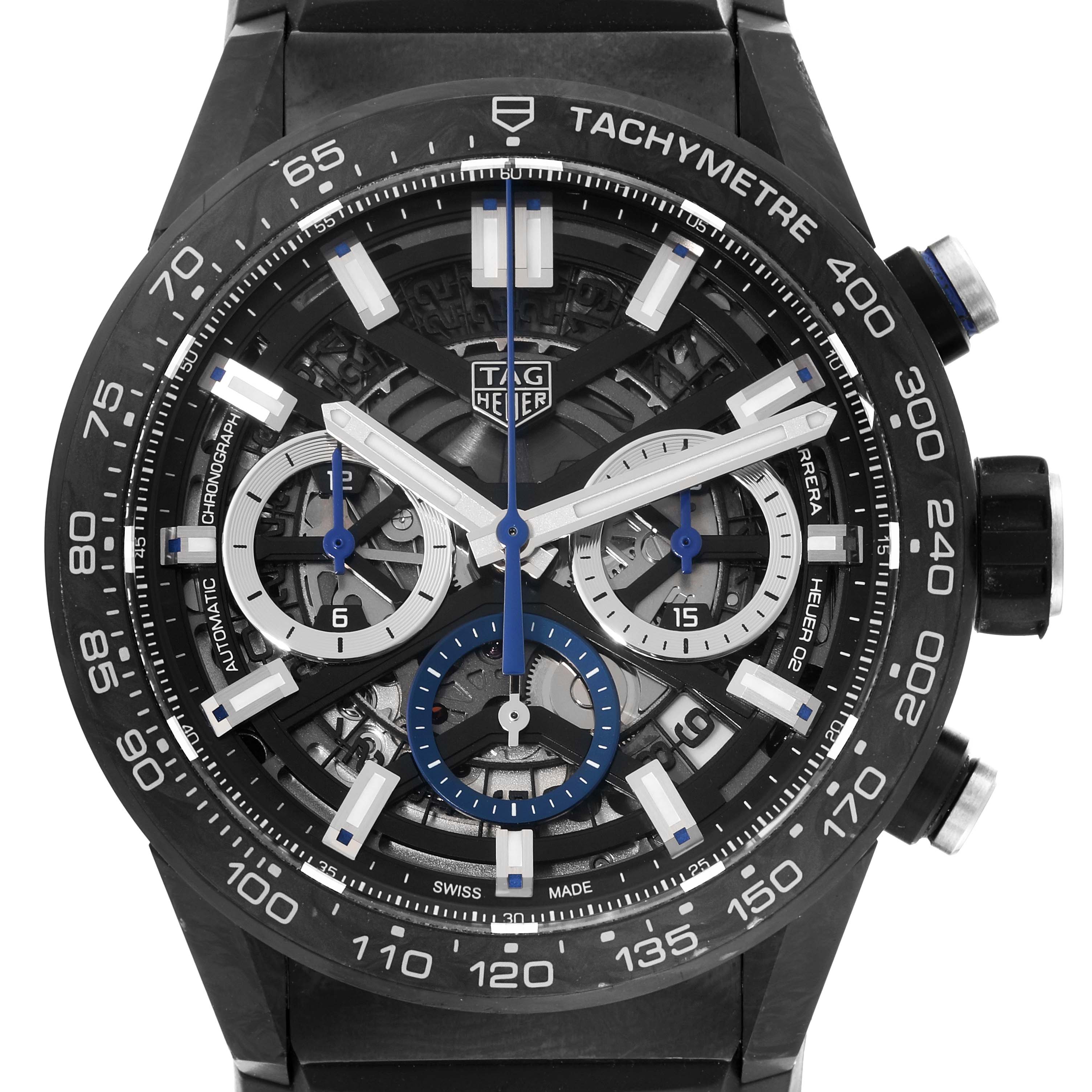The image shows a front view of the Tag Heuer Carrera Heuer 02 Limited Edition watch, highlighting its dial, hands, and tachymeter.