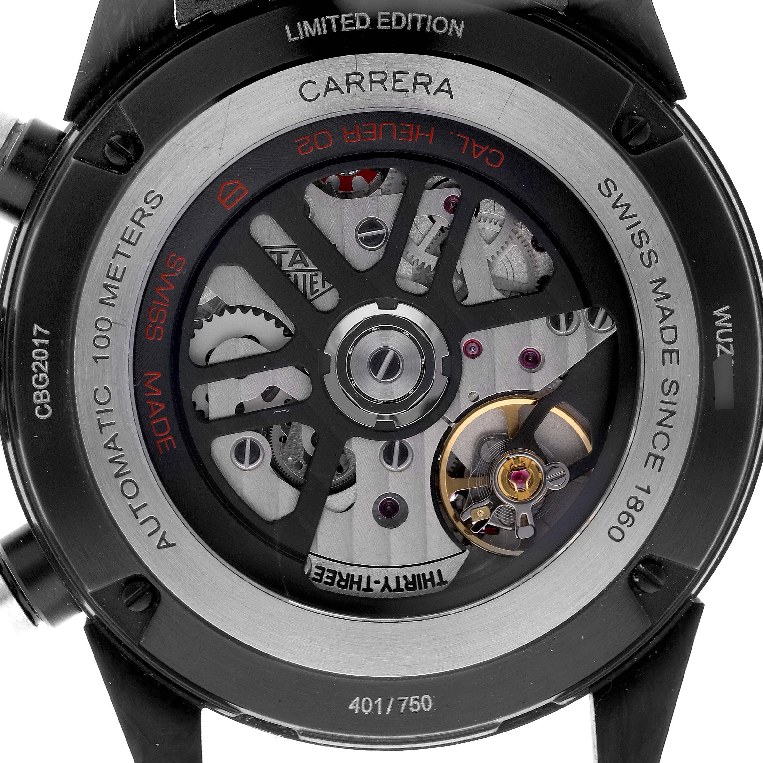 The image shows the back view of the Tag Heuer Carrera Limited Edition watch, highlighting its internal mechanical parts.