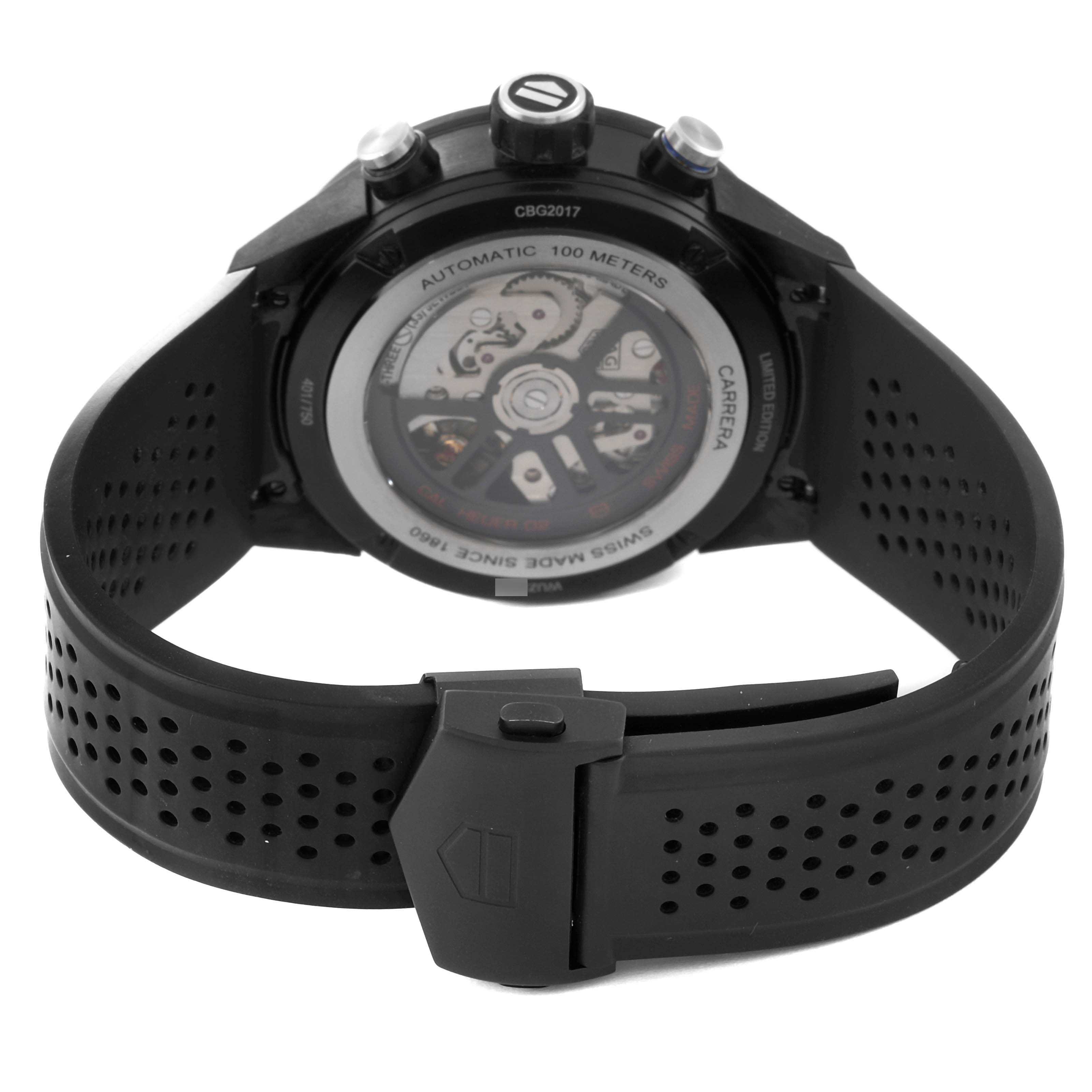 This image shows the back and buckle of the Tag Heuer Carrera Limited Edition watch, highlighting its automatic movement.