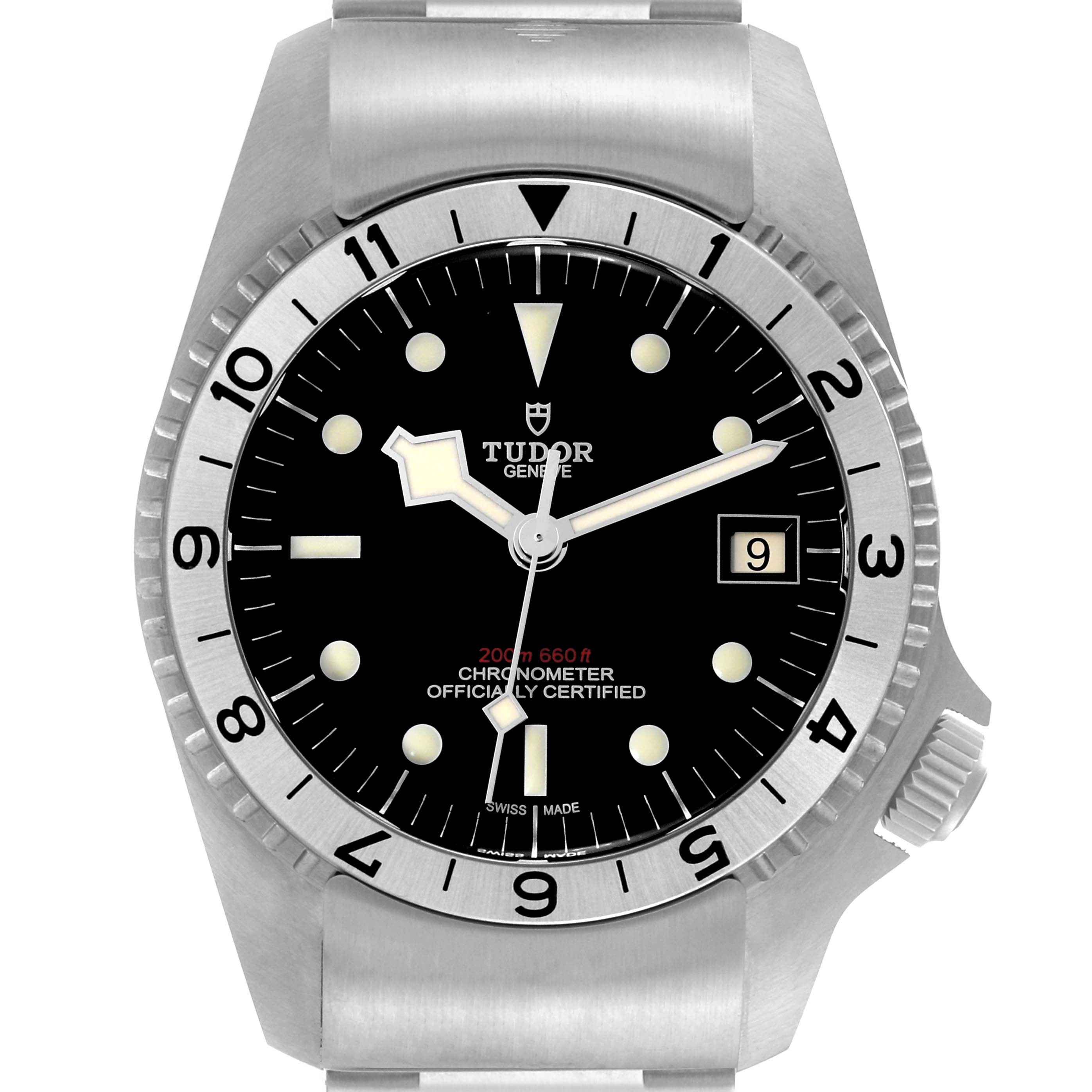 This image shows the face and bezel of the Tudor Heritage Black Bay 70150 Men's Stainless Steel Black Dial 70150 Men's Stainless Steel Black Dial watch, highlighting the dial, hands, and date window.