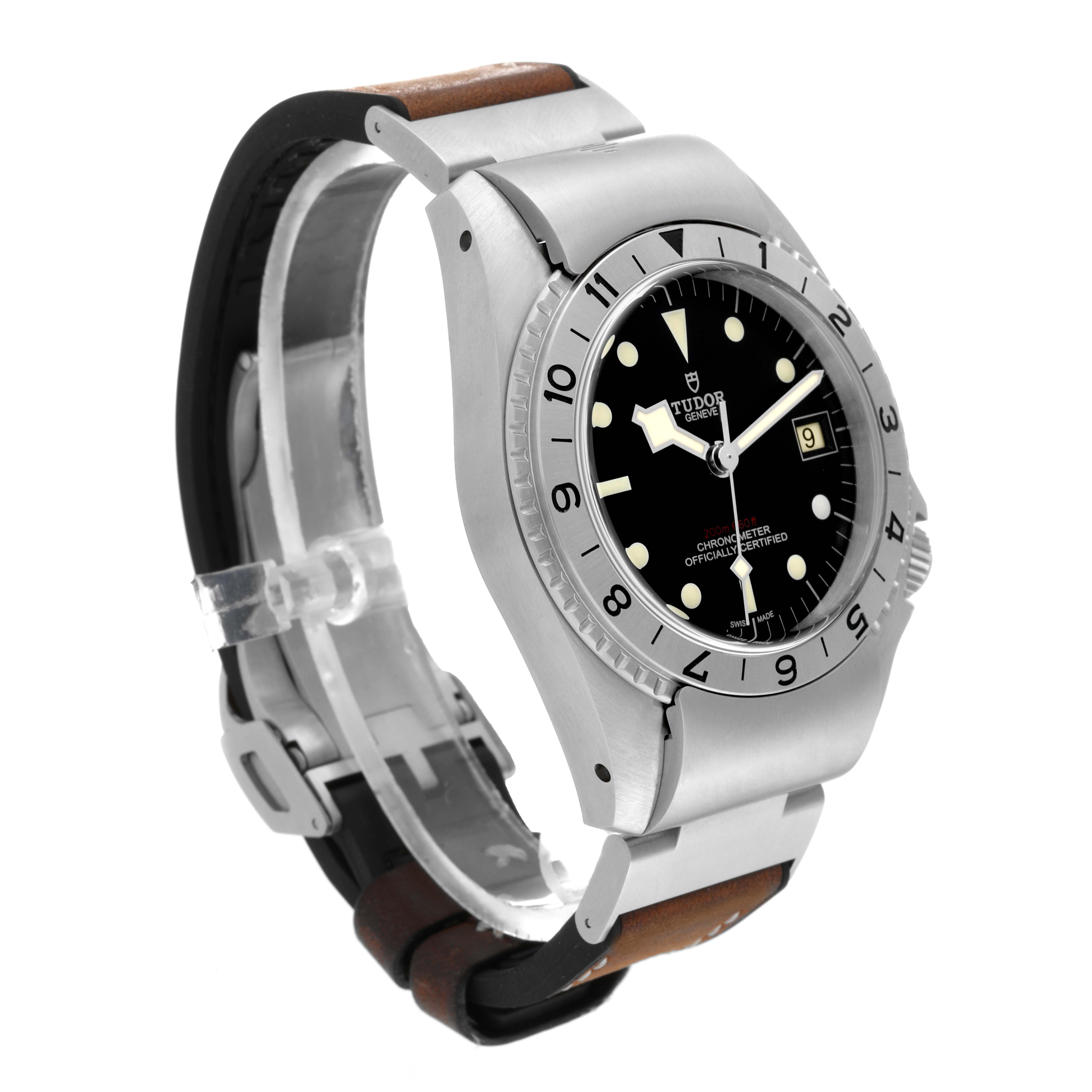 The Tudor Heritage Black Bay 70150 Men's Stainless Steel Black Dial 70150 Men's Stainless Steel Black Dial watch is shown at an angle highlighting the bezel, dial, and strap.
