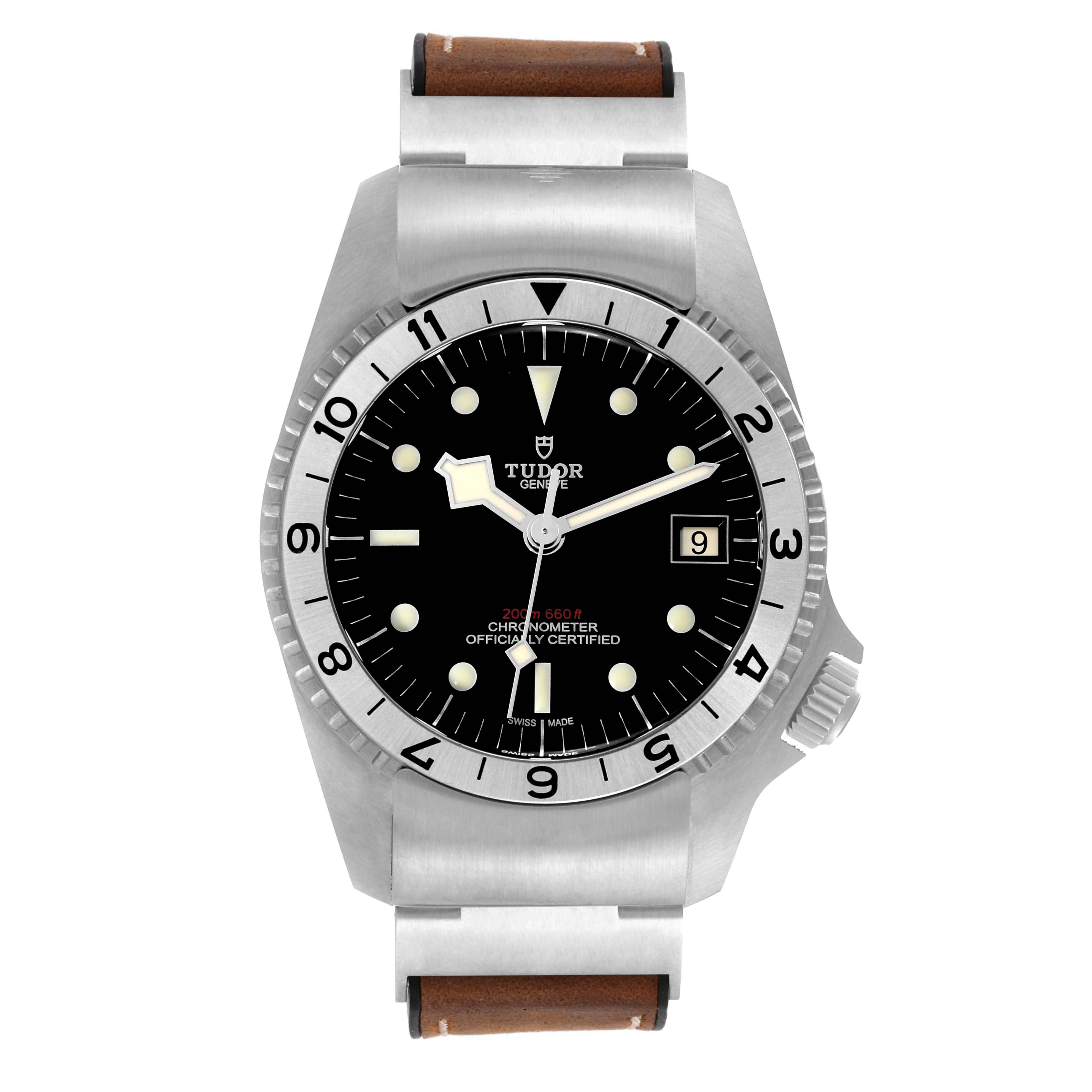 This image shows a front view of a Tudor Heritage Black Bay 70150 Men's Stainless Steel Black Dial 70150 Men's Stainless Steel Black Dial watch, highlighting its dial, bezel, and strap.