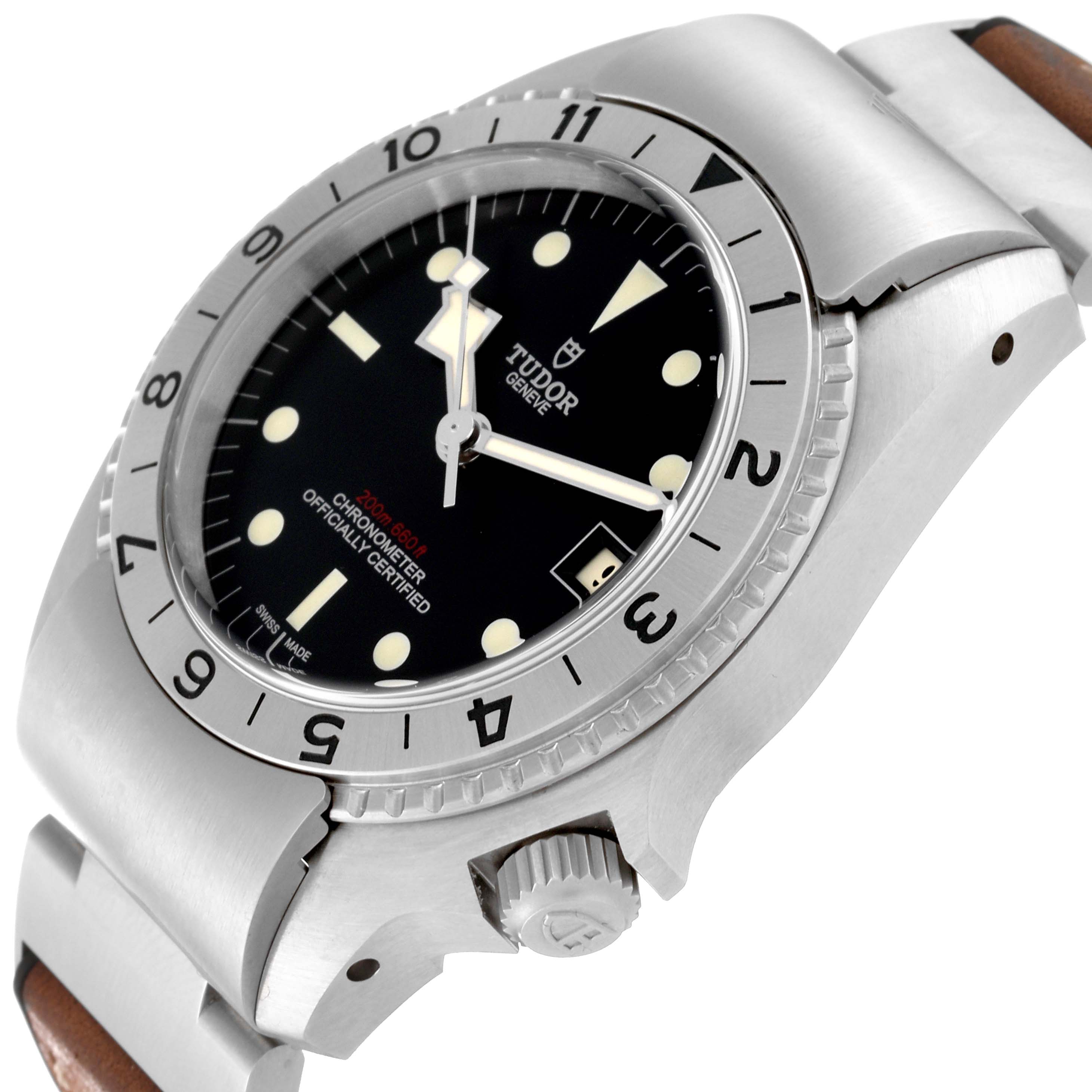 The image shows a close-up angled view of the Tudor Heritage Black Bay 70150 Men's Stainless Steel Black Dial 70150 Men's Stainless Steel Black Dial watch, highlighting the dial, bezel, crown, and part of the strap.