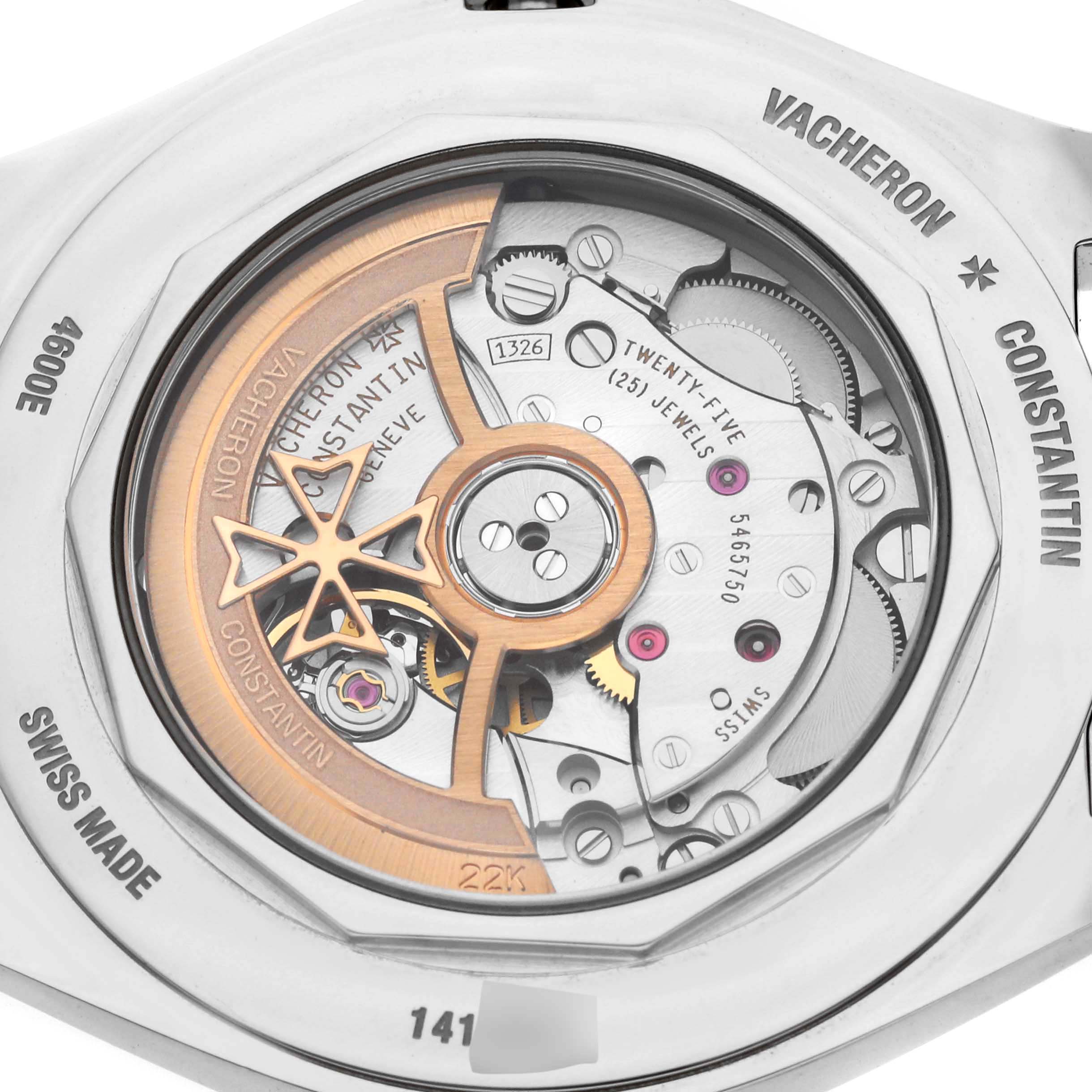 The image shows the back view of the Vacheron Constantin Fiftysix 4600E/000A-B487 Men's Stainless Steel Blue Dial watch, highlighting its movement and rotor.