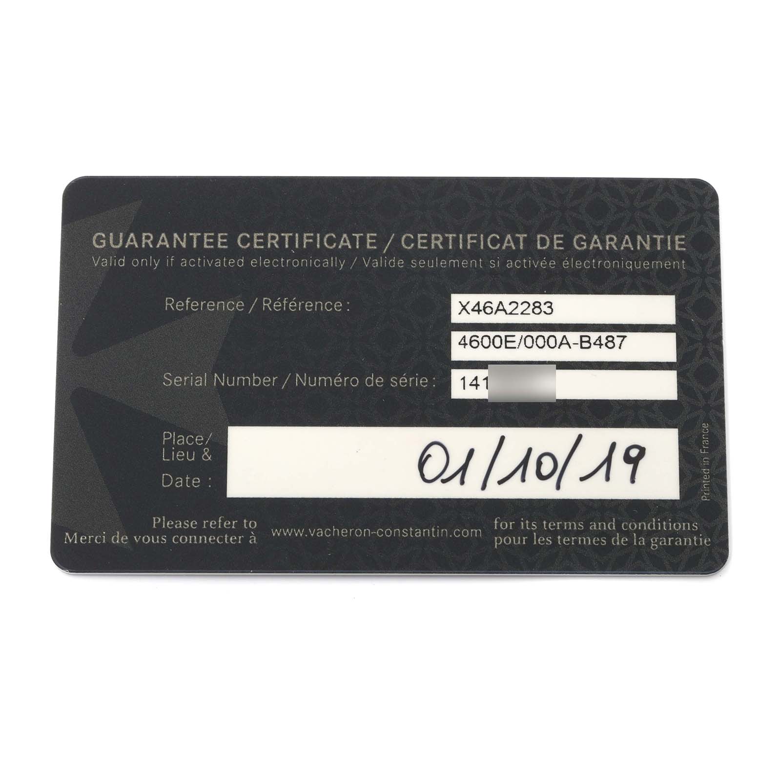 The image shows the guarantee certificate for the Fiftysix model by Vacheron Constantin.
