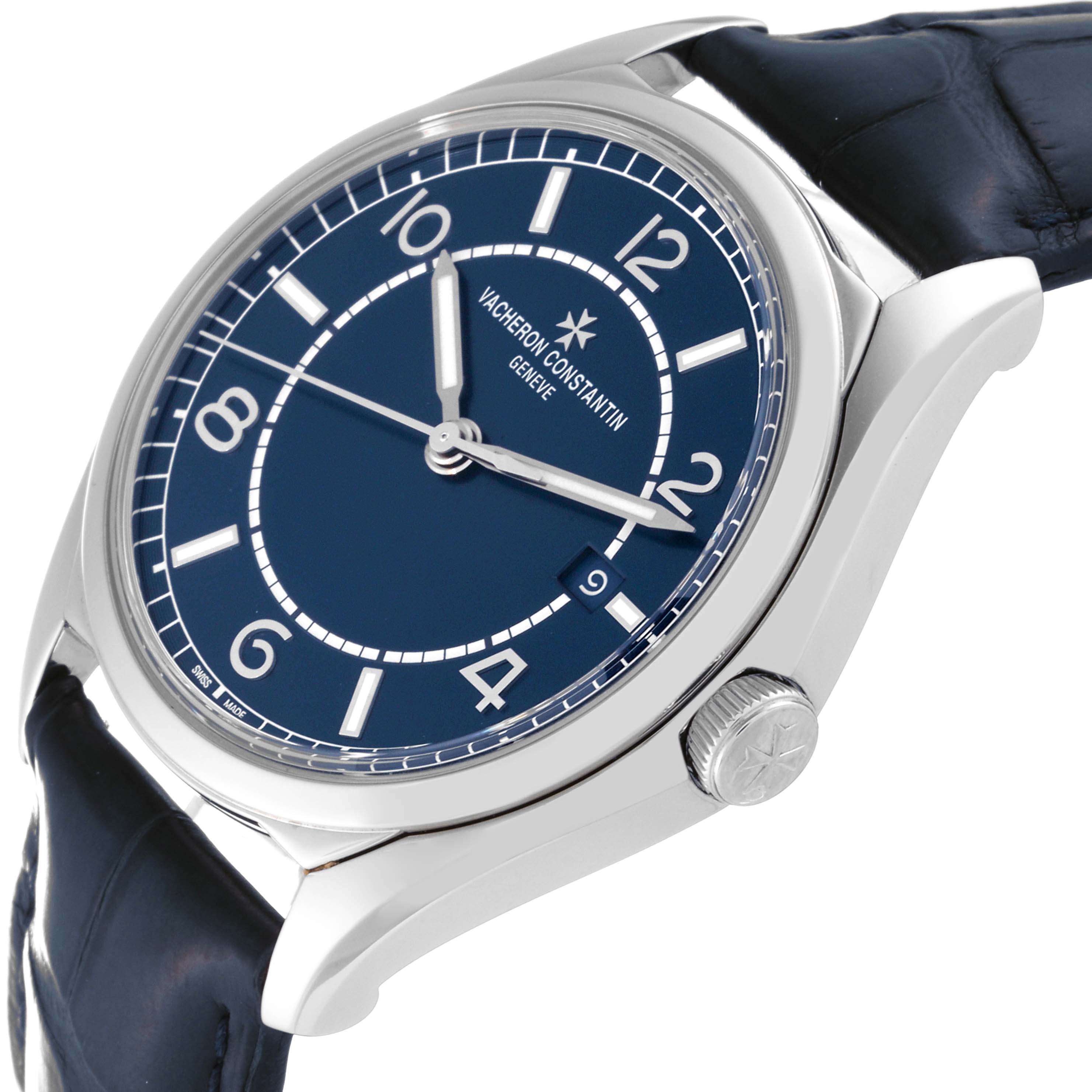 The image shows a Vacheron Constantin Fiftysix 4600E/000A-B487 Men's Stainless Steel Blue Dial 4600E/000A-B487 Men's Stainless Steel Blue Dial model watch from a side angle, highlighting the dial, case, crown, and strap.