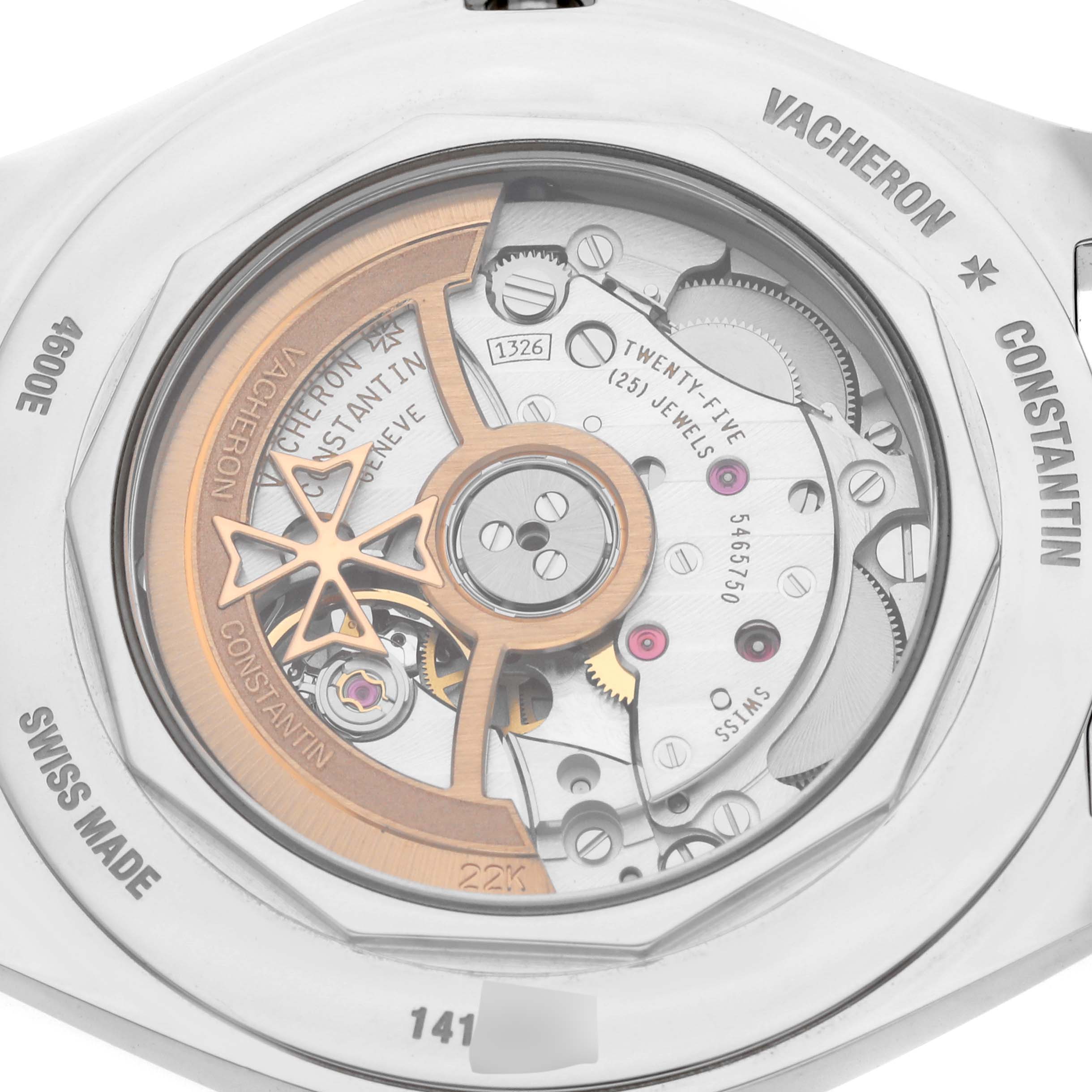 The image shows the detailed view of the movement and internal mechanism of the Fiftysix watch by Vacheron Constantin from the case back angle.