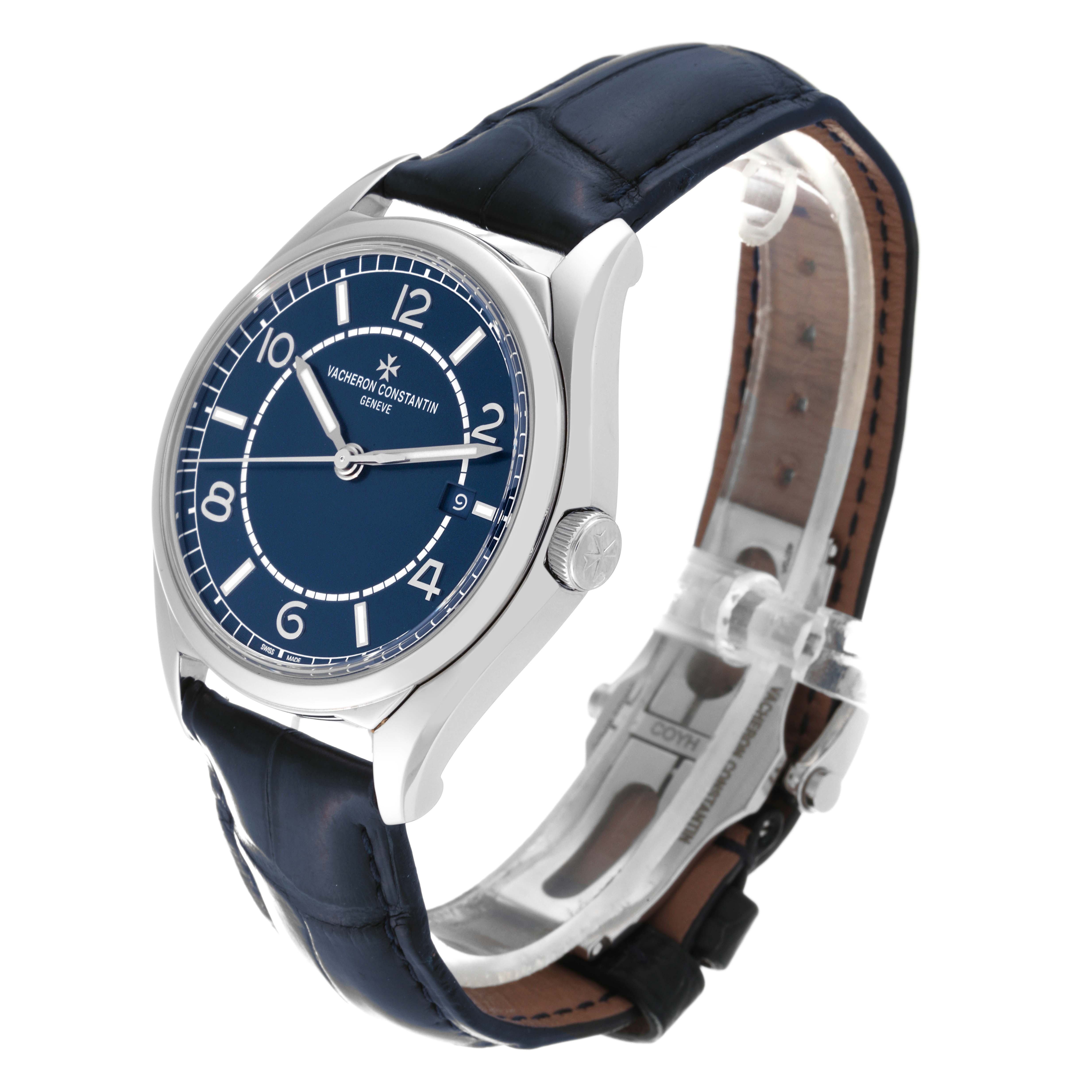 The image shows a Vacheron Constantin Fiftysix 4600E/000A-B487 Men's Stainless Steel Blue Dial 4600E/000A-B487 Men's Stainless Steel Blue Dial watch at a three-quarter angle highlighting its blue dial, silver case, and leather strap.