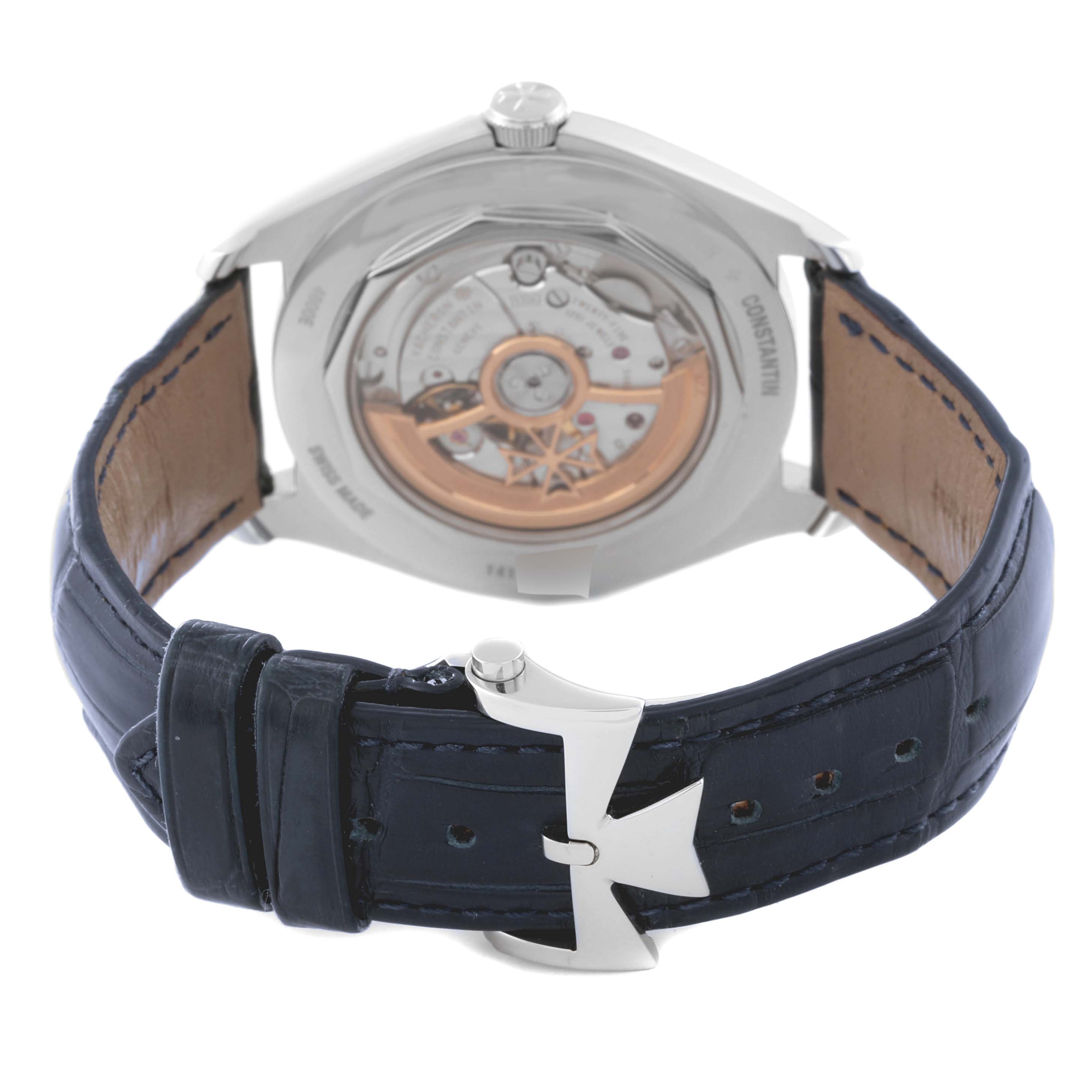 The image shows the rear view of the Vacheron Constantin Fiftysix 4600E/000A-B487 Men's Stainless Steel Blue Dial 4600E/000A-B487 Men's Stainless Steel Blue Dial watch's case and strap, highlighting its open case back and clasp.