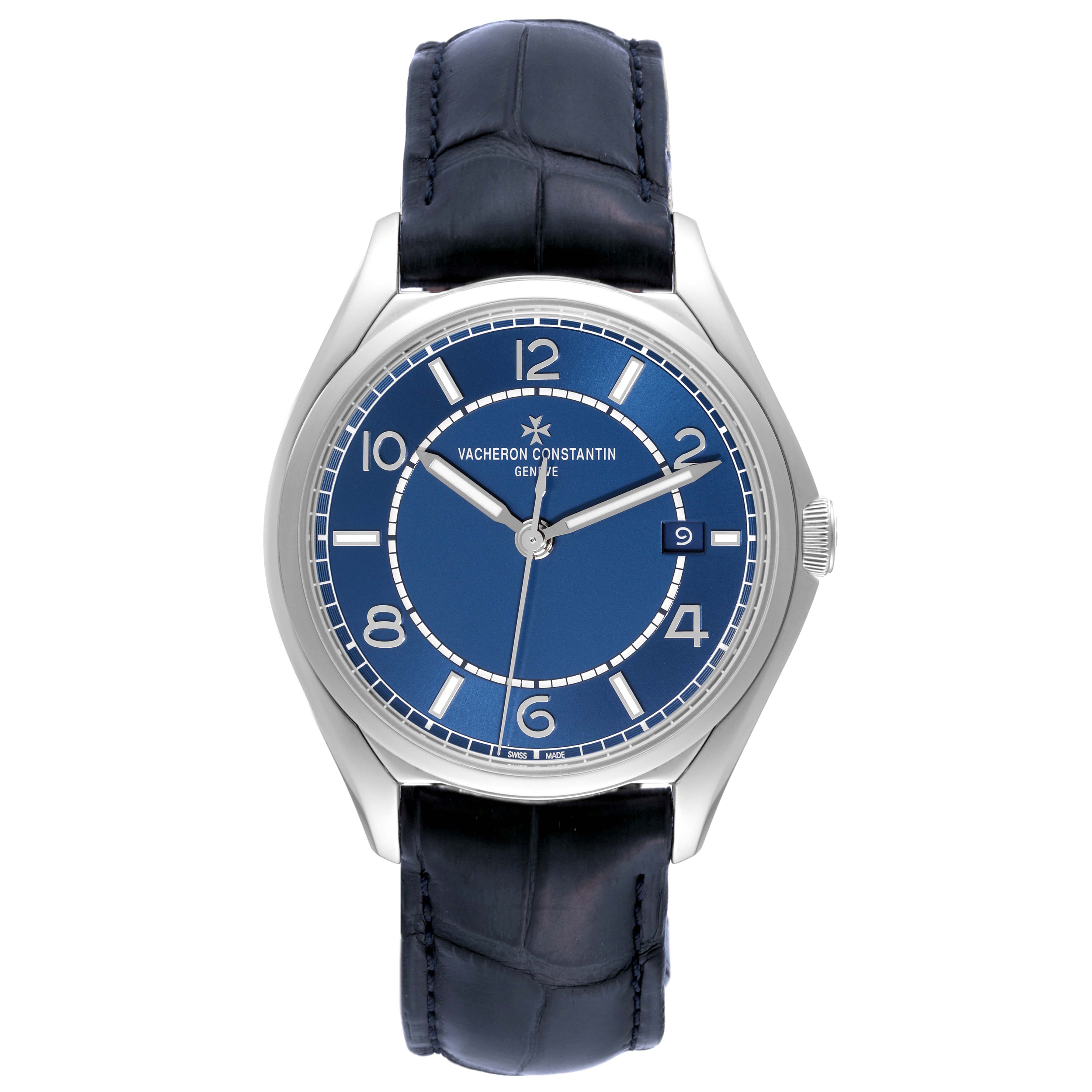 The image shows a front view of the Vacheron Constantin Fiftysix 4600E/000A-B487 Men's Stainless Steel Blue Dial 4600E/000A-B487 Men's Stainless Steel Blue Dial model, displaying the watch face and strap.
