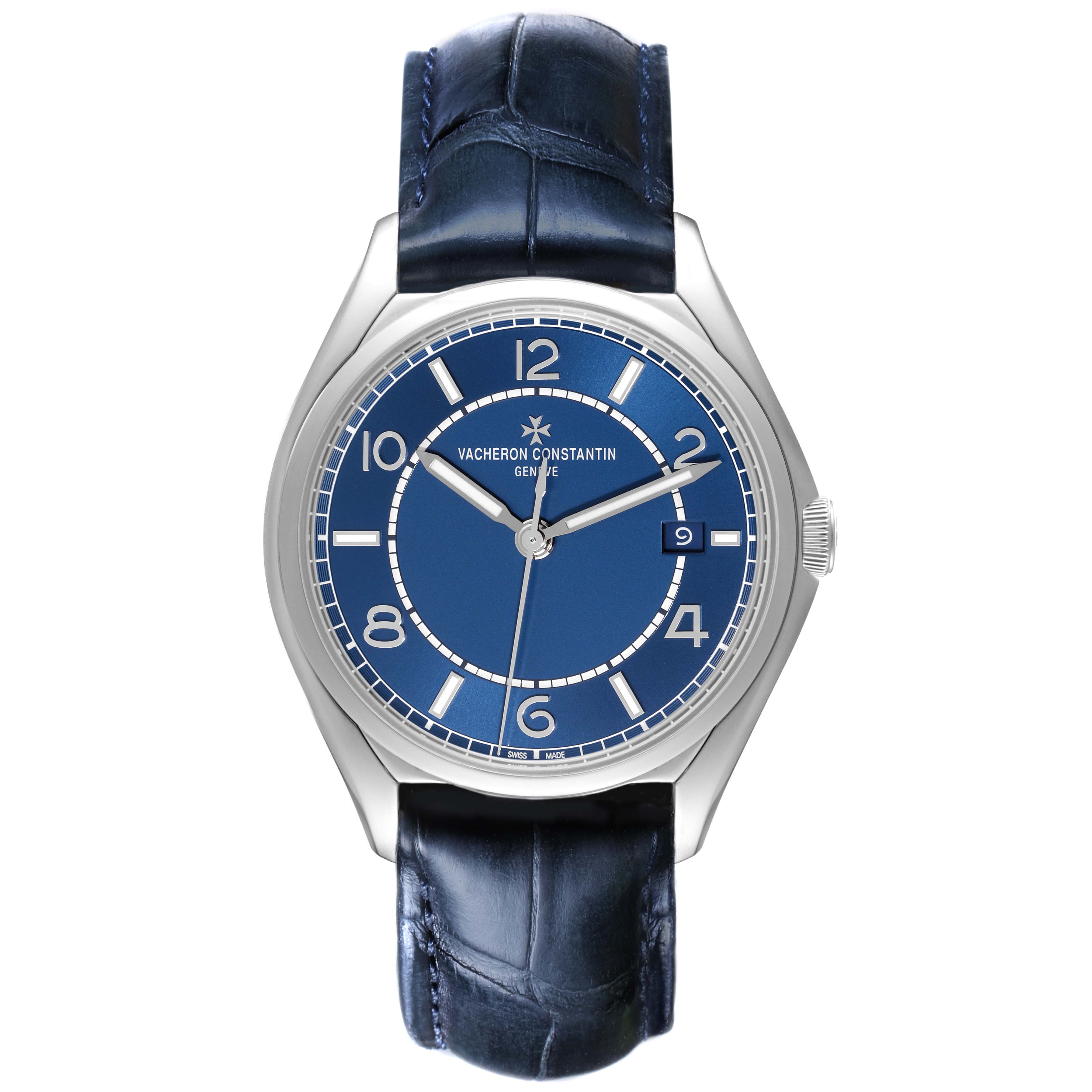 The Vacheron Constantin Fiftysix 4600E/000A-B487 Men's Stainless Steel Blue Dial is shown from the front, displaying its blue dial, silver-tone hands, and blue leather strap.