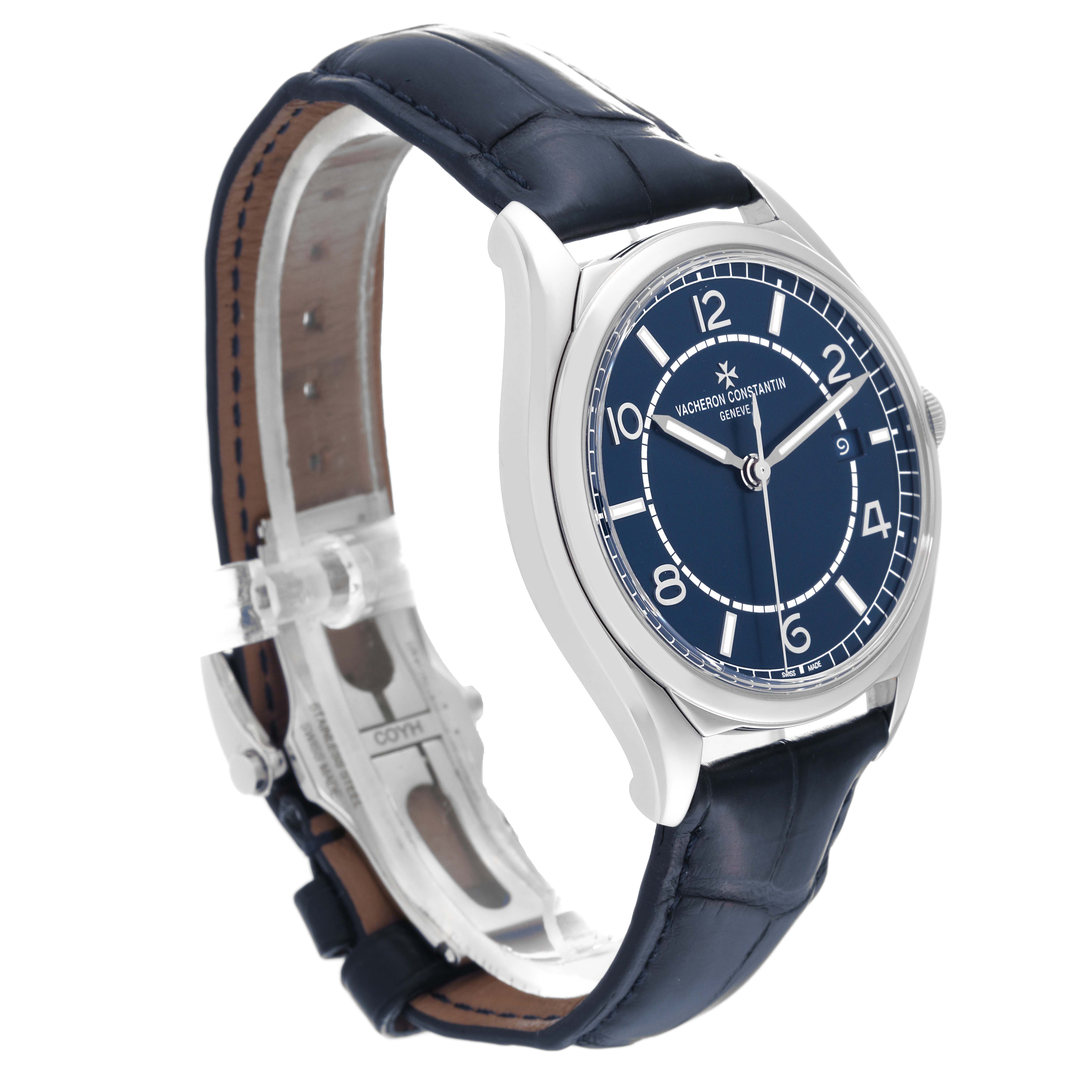 The image shows a side angle view of the Vacheron Constantin Fiftysix 4600E/000A-B487 Men's Stainless Steel Blue Dial 4600E/000A-B487 Men's Stainless Steel Blue Dial watch, highlighting the case, dial, and leather strap.