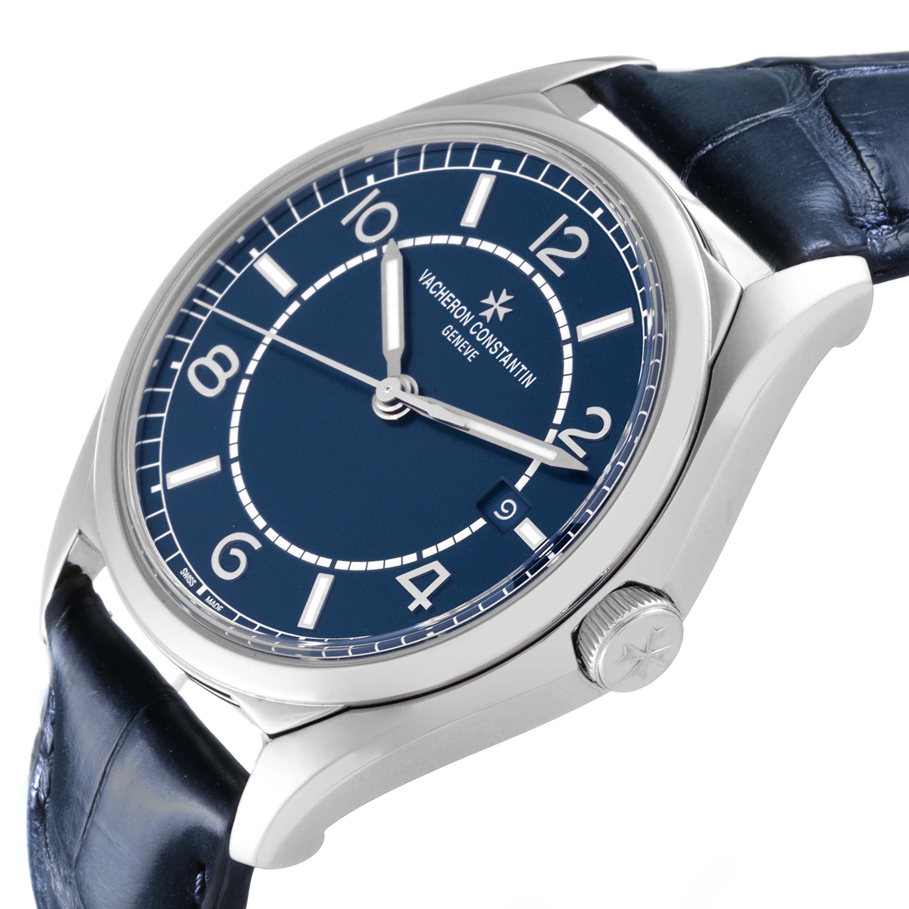 The Vacheron Constantin Fiftysix 4600E/000A-B487 Men's Stainless Steel Blue Dial watch is shown at a slight angle, highlighting the front face, crown, and part of the strap.
