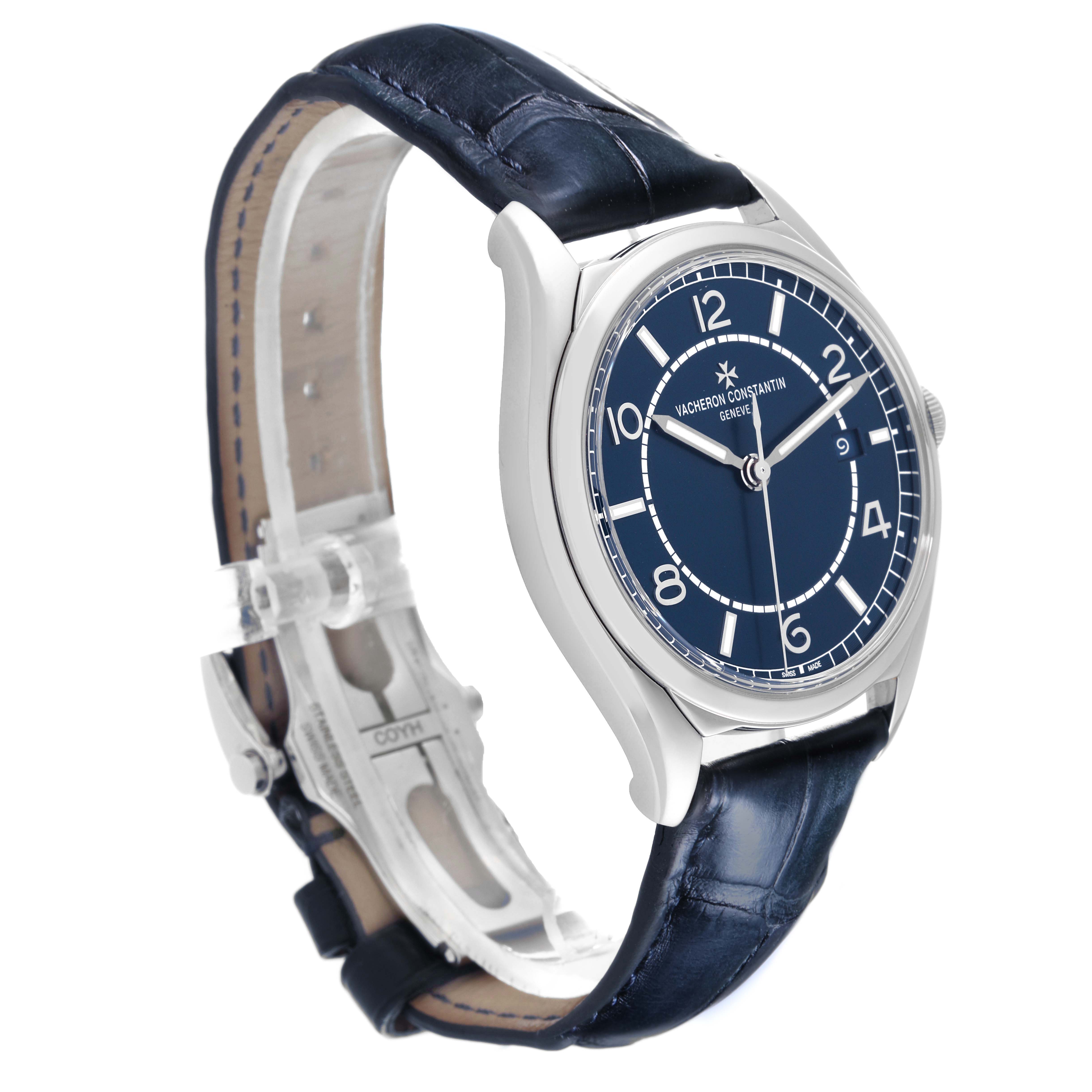 The Vacheron Constantin Fiftysix 4600E/000A-B487 Men's Stainless Steel Blue Dial watch is shown at a three-quarter angle, revealing its blue dial, case, and black leather strap.
