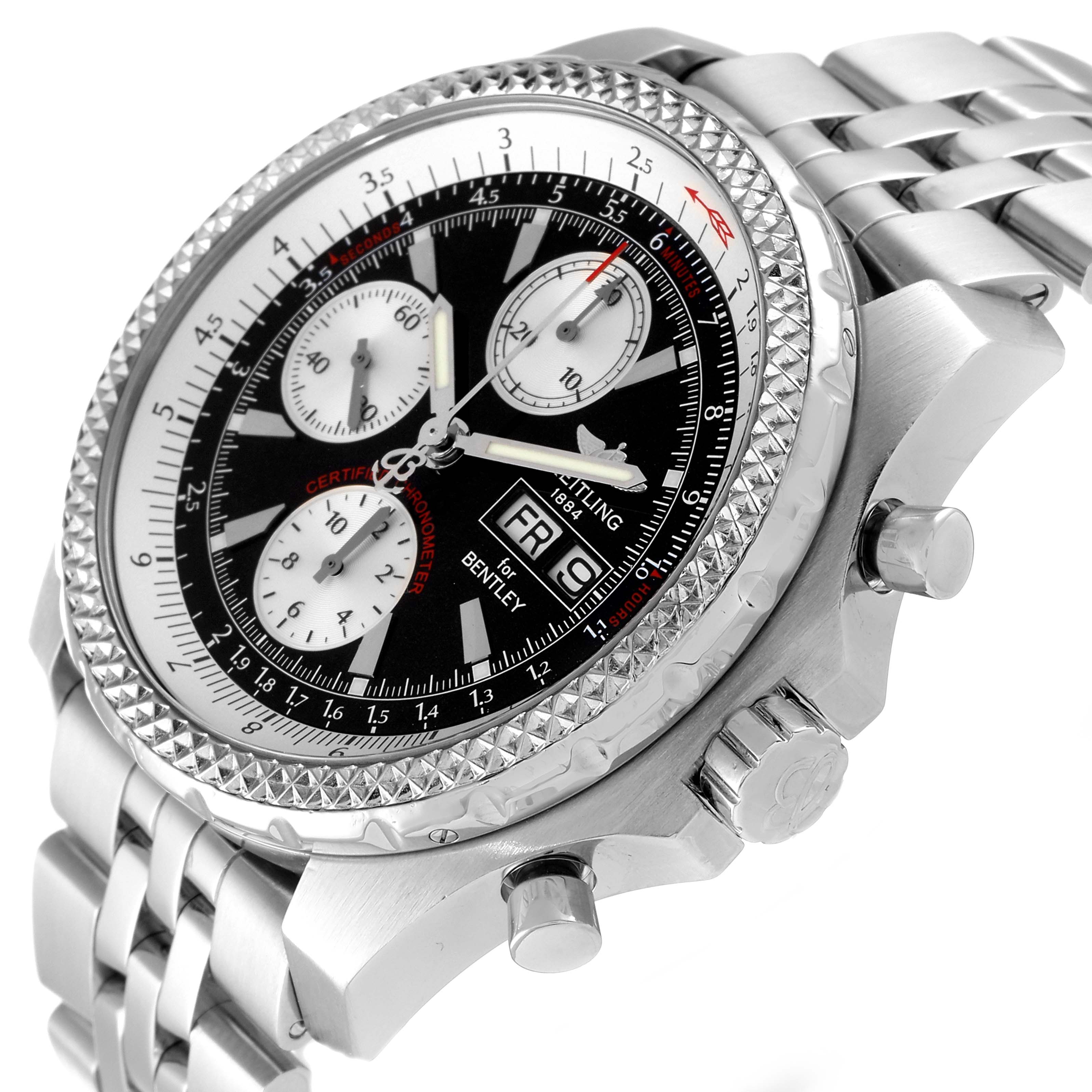 The Breitling Bentley A13363 Men's Stainless Steel Black Dial A13363 Men's Stainless Steel Black Dial watch is shown at an oblique angle, highlighting its face, bezel, crown, and part of the strap.