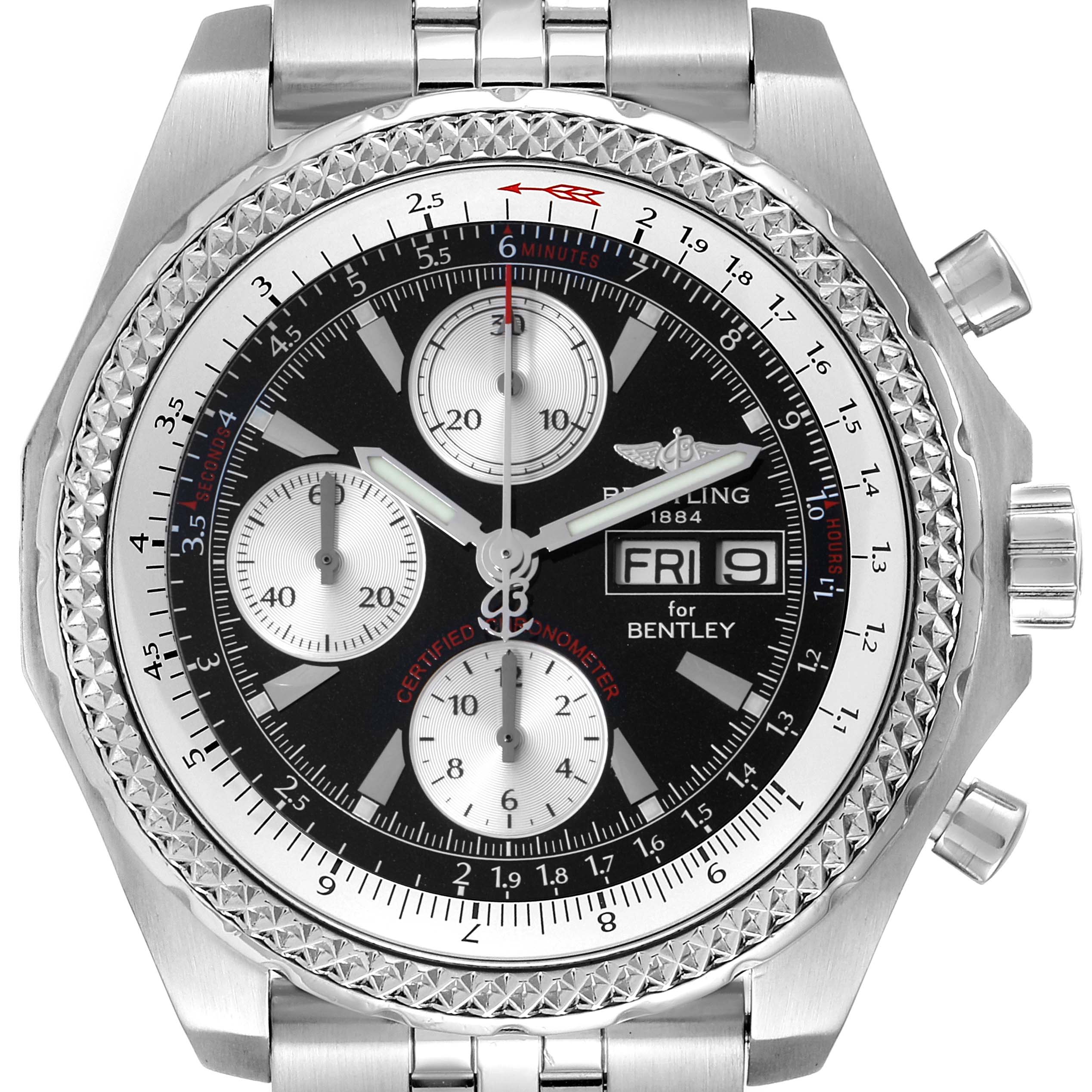This image shows a frontal view of the Breitling Bentley A13363 Men's Stainless Steel Black Dial A13363 Men's Stainless Steel Black Dial watch, highlighting its dial, subdials, and bezel.