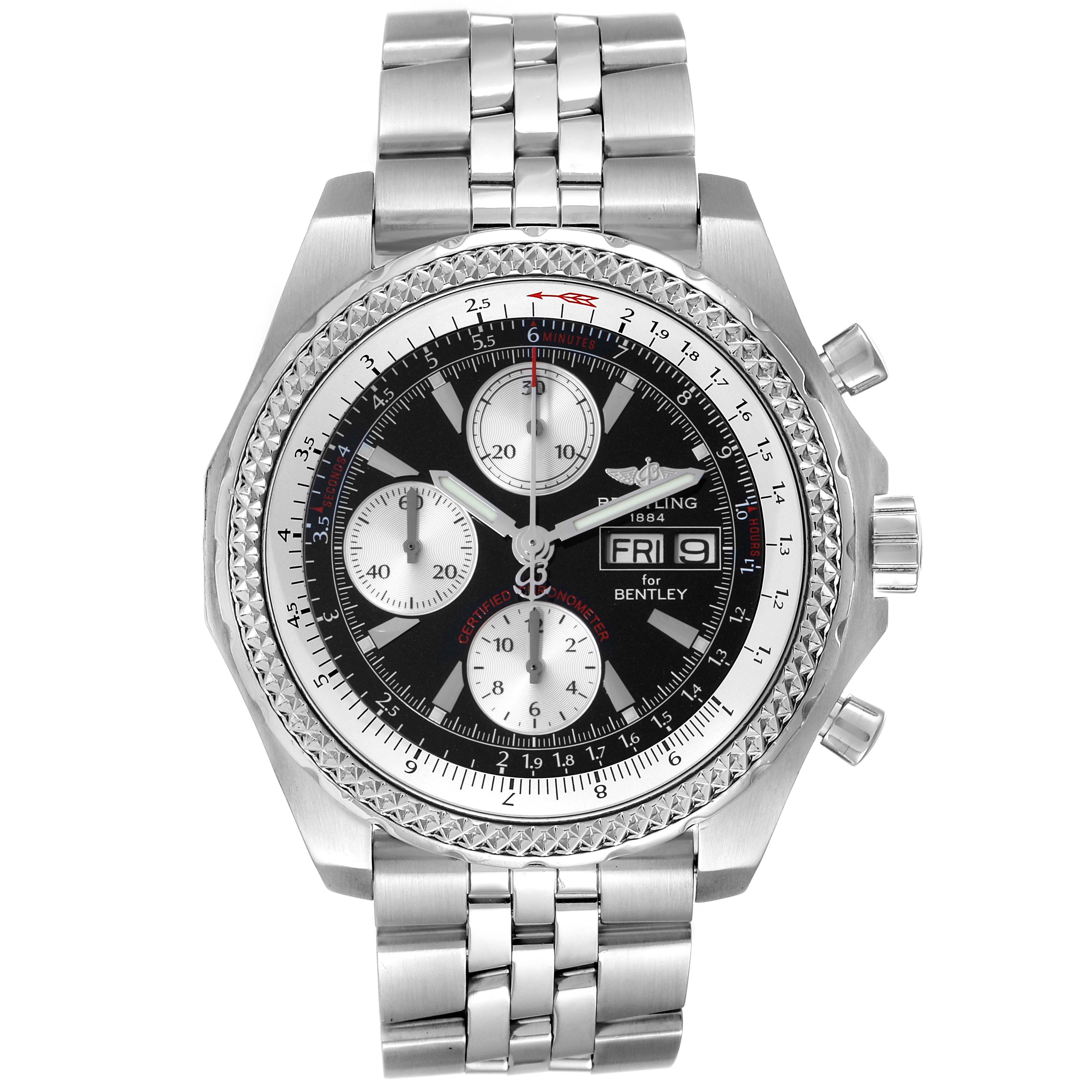 The image shows a frontal view of a Breitling Bentley A13363 Men's Stainless Steel Black Dial A13363 Men's Stainless Steel Black Dial model watch, showcasing the face, bezel, and bracelet.