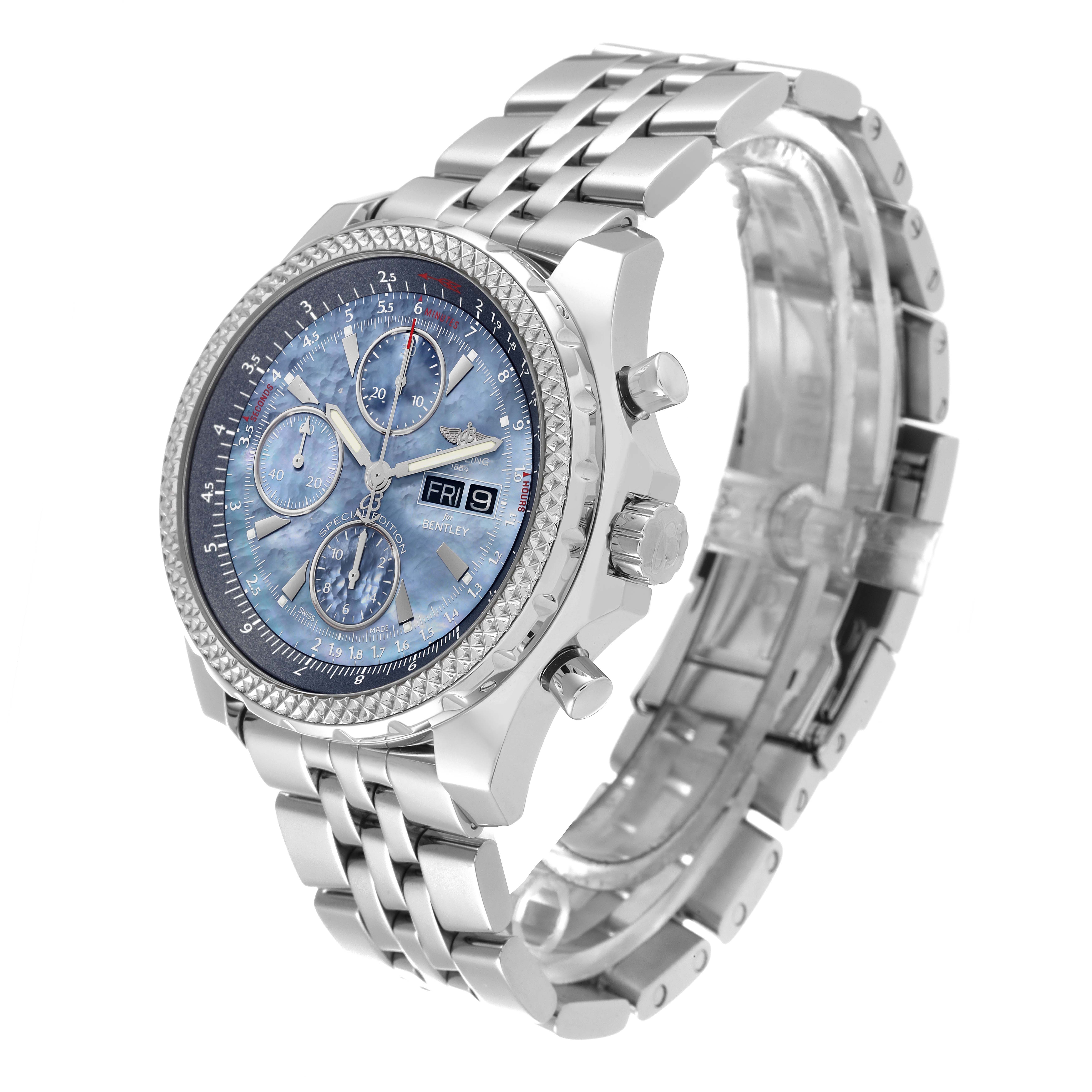 The Breitling Bentley A13362 Men's Stainless Steel Mother of Pearl Dial A13362 Men's Stainless Steel Mother of Pearl Dial watch is shown at a three-quarter angle, displaying the dial, bezel, crown, pushers, and metal bracelet.