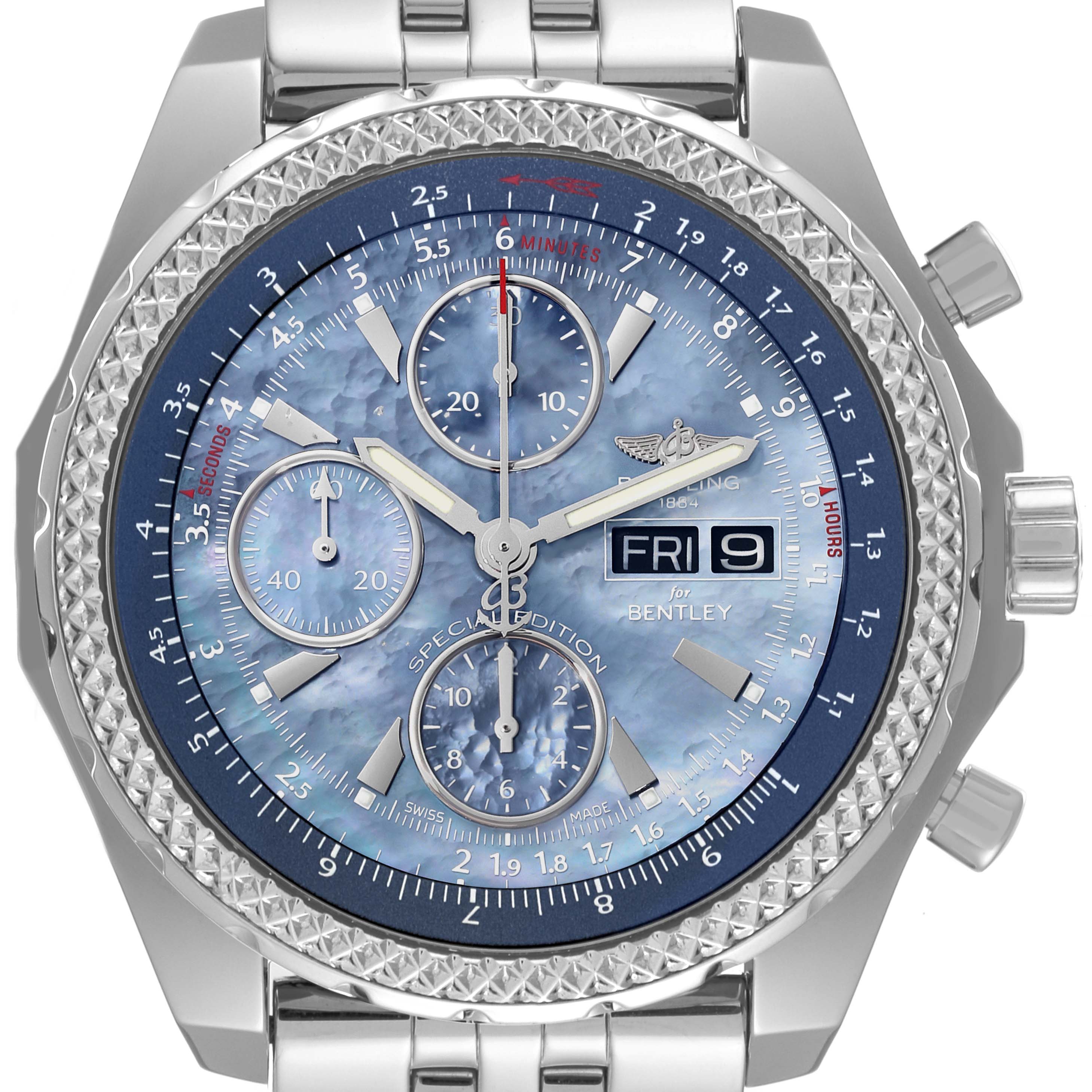 The image shows a frontal view of a Breitling Bentley A13362 Men's Stainless Steel Mother of Pearl Dial A13362 Men's Stainless Steel Mother of Pearl Dial model watch, highlighting the dial, bezel, and metal bracelet.