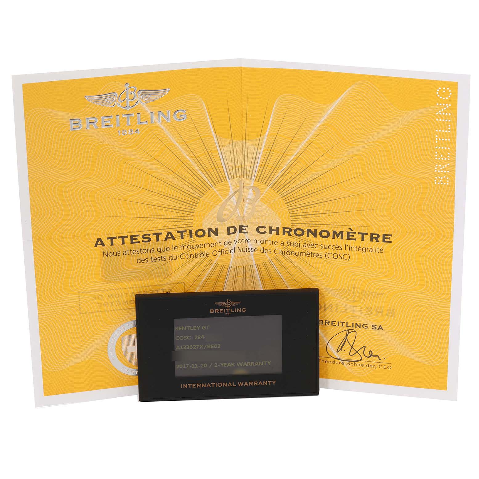The image shows the certification and warranty card for the Breitling Bentley A13362 Men's Stainless Steel Mother of Pearl Dial A13362 Men's Stainless Steel Mother of Pearl Dial GT watch.