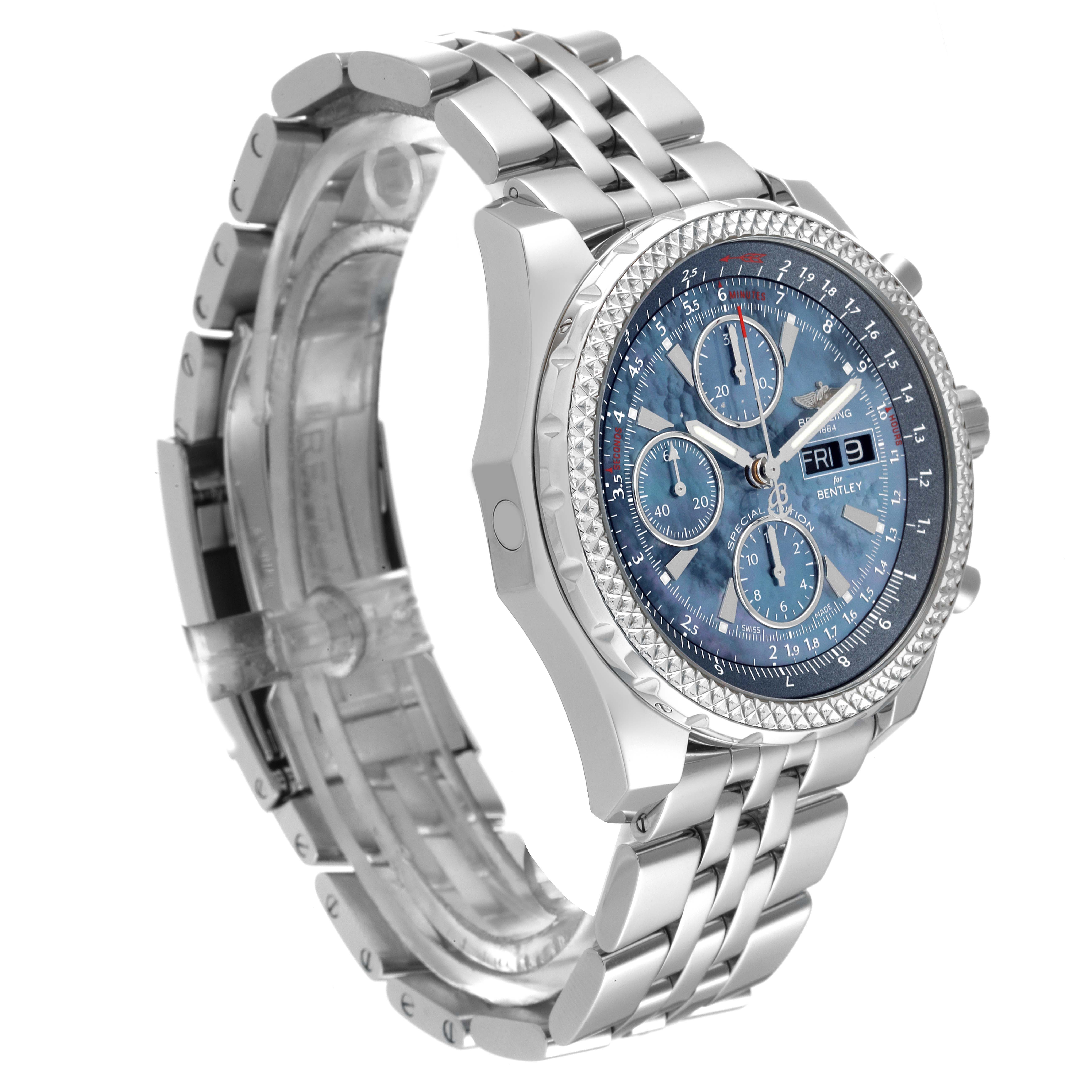 The image shows a Breitling Bentley A13362 Men's Stainless Steel Mother of Pearl Dial A13362 Men's Stainless Steel Mother of Pearl Dial watch in a side angle, highlighting the face, bezel, and metal bracelet.