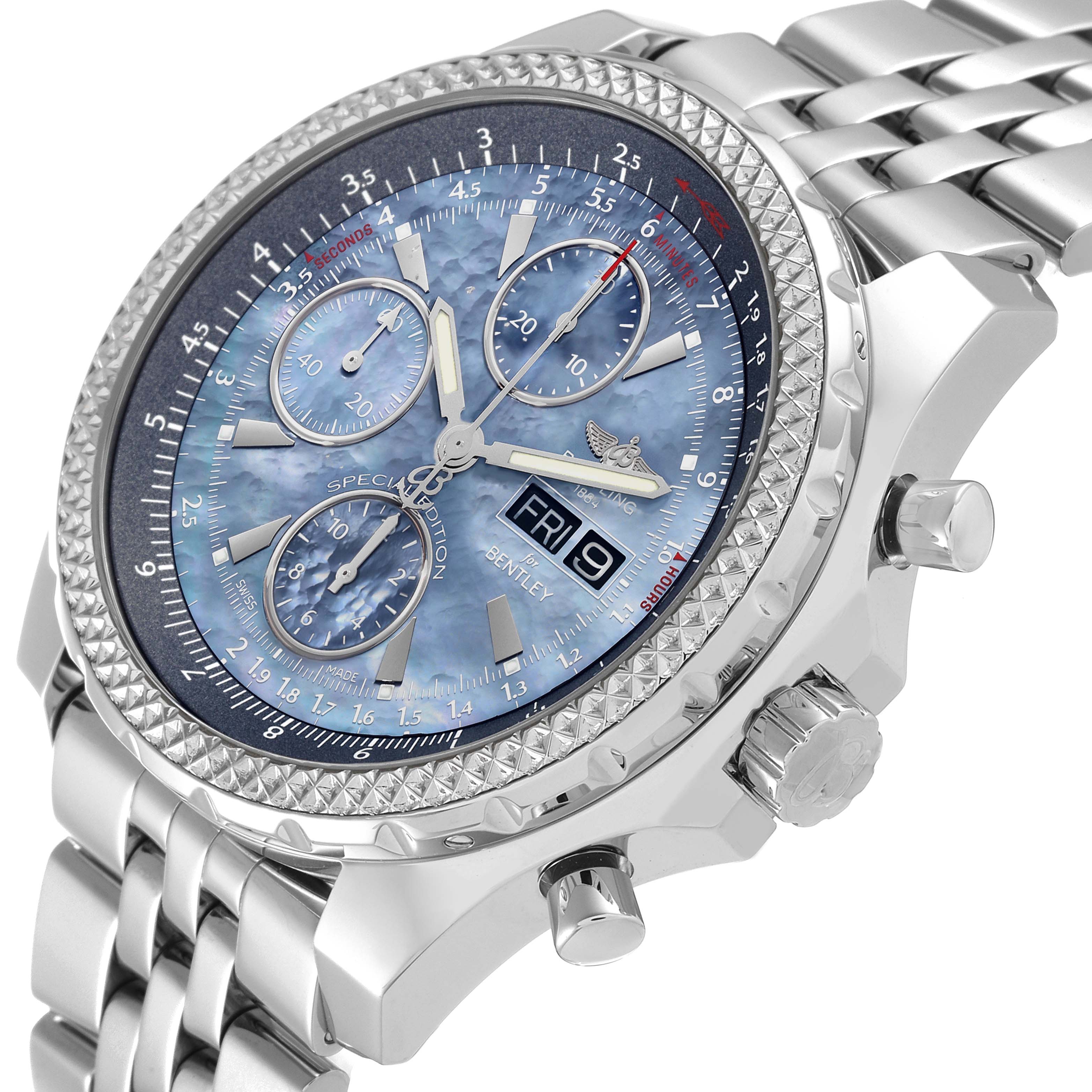 The Breitling Bentley A13362 Men's Stainless Steel Mother of Pearl Dial A13362 Men's Stainless Steel Mother of Pearl Dial watch is shown at an oblique angle, highlighting the face, bezel, and part of the metal bracelet.