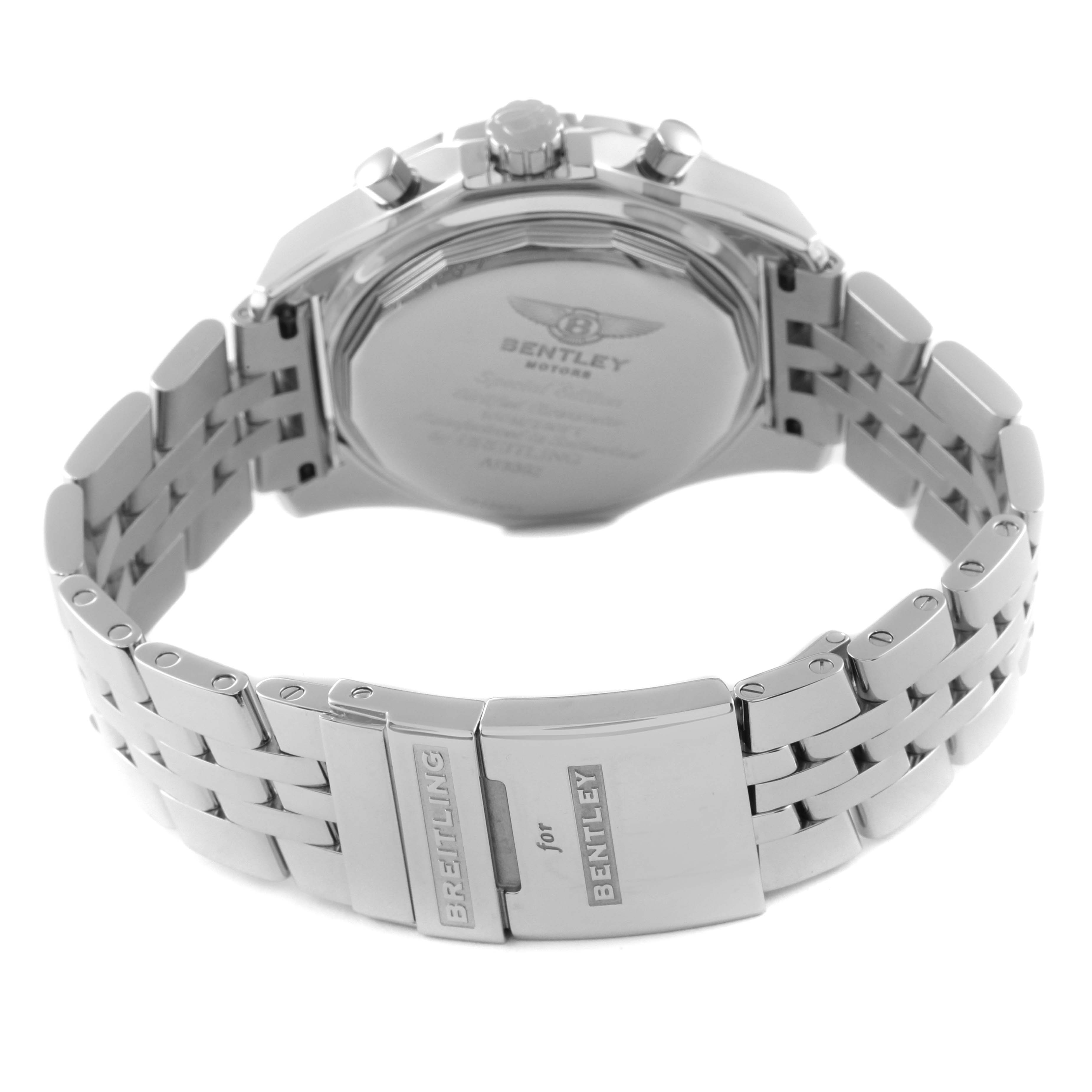 The image shows the back view of a Breitling Bentley A13362 Men's Stainless Steel Mother of Pearl Dial A13362 Men's Stainless Steel Mother of Pearl Dial model watch, highlighting the bracelet and clasp with branded engravings.