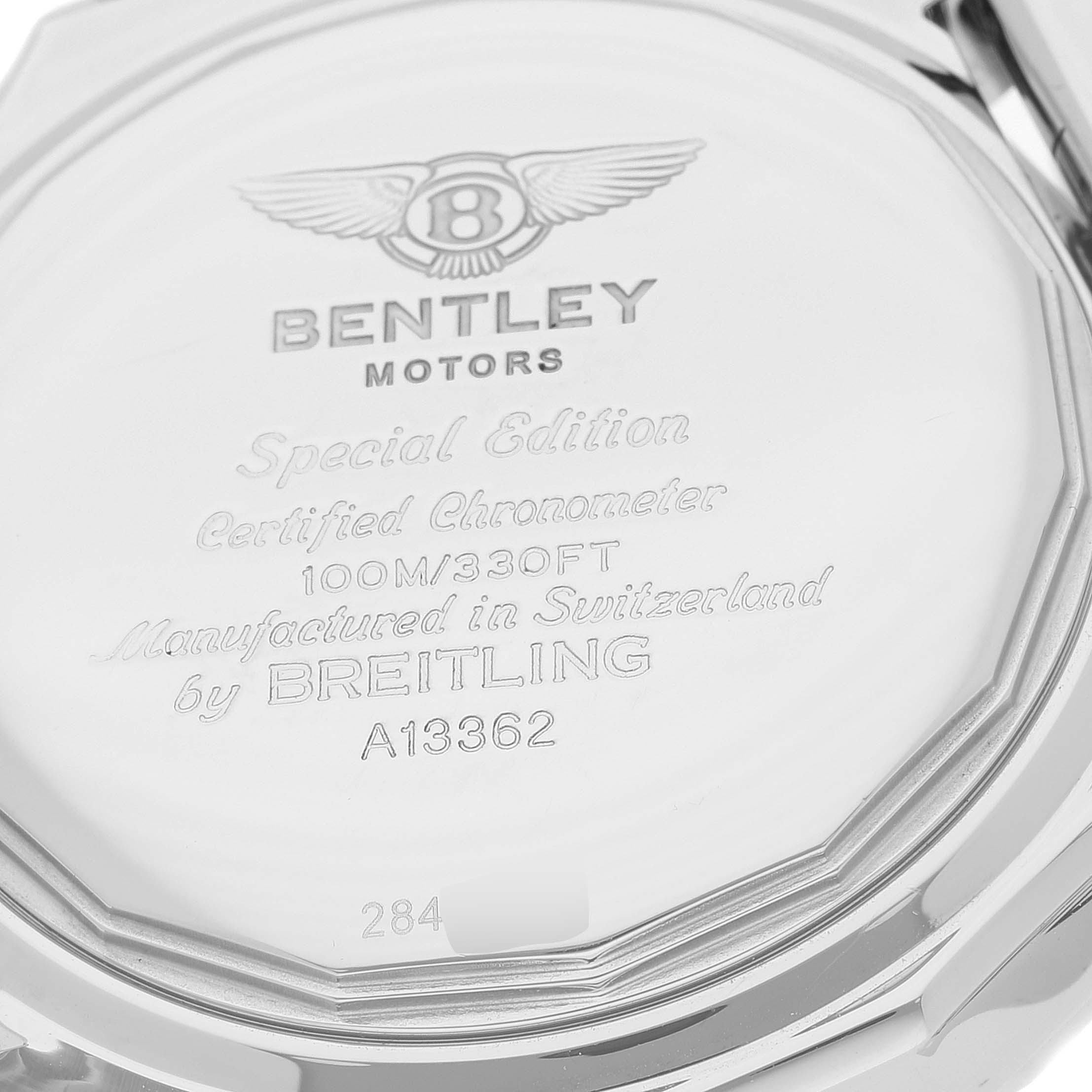The image shows the engraved back case of a Breitling Bentley A13362 Men's Stainless Steel Mother of Pearl Dial A13362 Men's Stainless Steel Mother of Pearl Dial watch, highlighting its model and specifications.