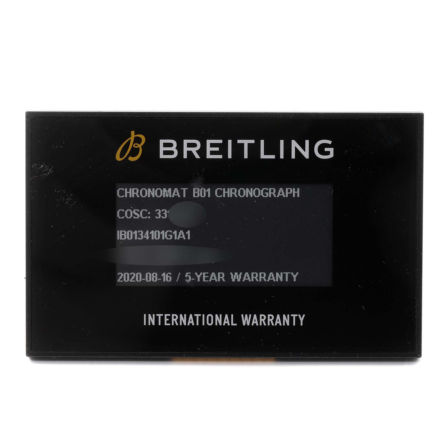 The image shows an international warranty card for the Breitling Chronomat IB0134 Men's Steel and Gold (two tone) Silver Dial IB0134 Men's Steel and Gold (two tone) Silver Dial B01 Chronograph.
