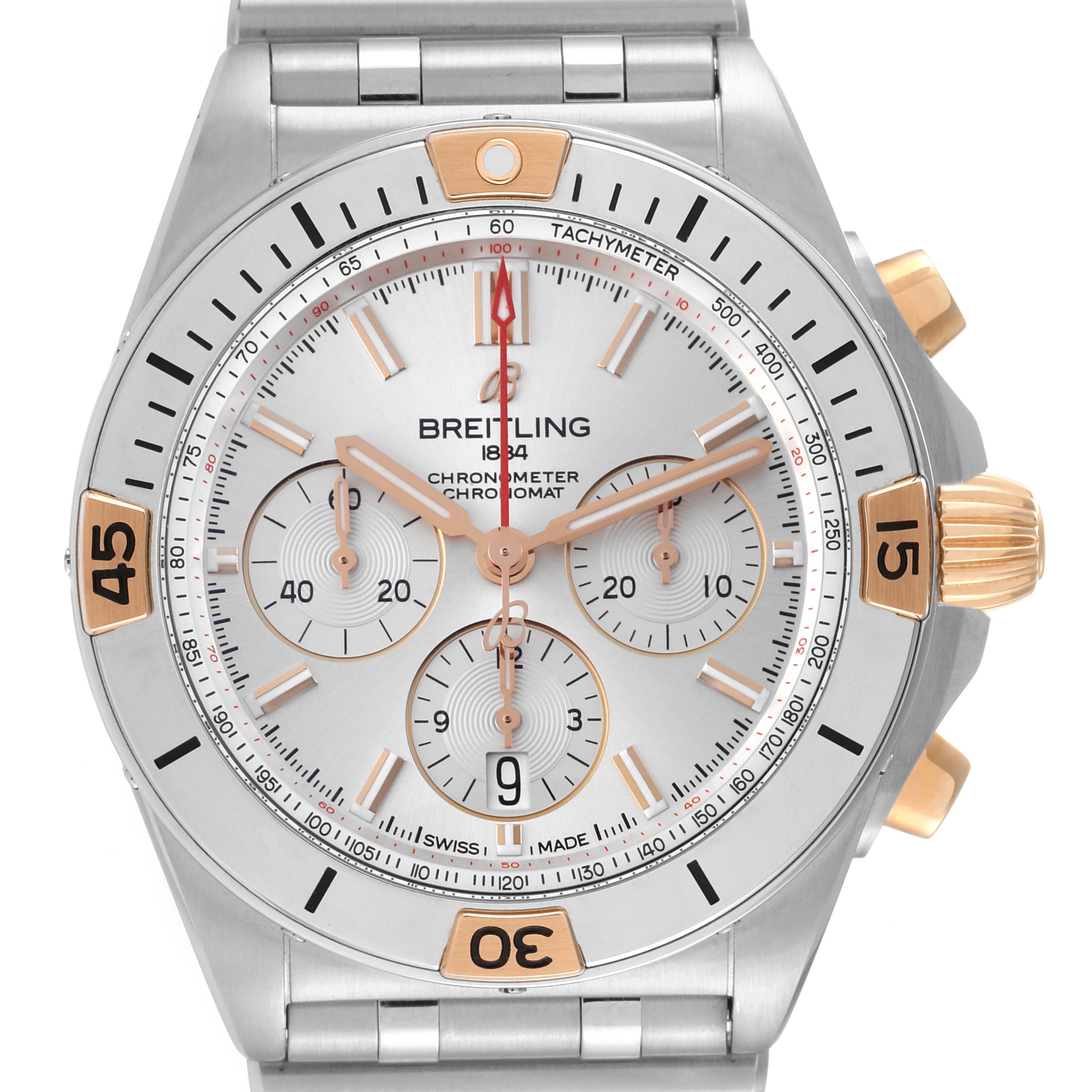 The image shows a front view of a Breitling Chronomat IB0134 Men's Steel and Gold (two tone) Silver Dial IB0134 Men's Steel and Gold (two tone) Silver Dial watch displaying the dial, bezel, and chronograph subdials.