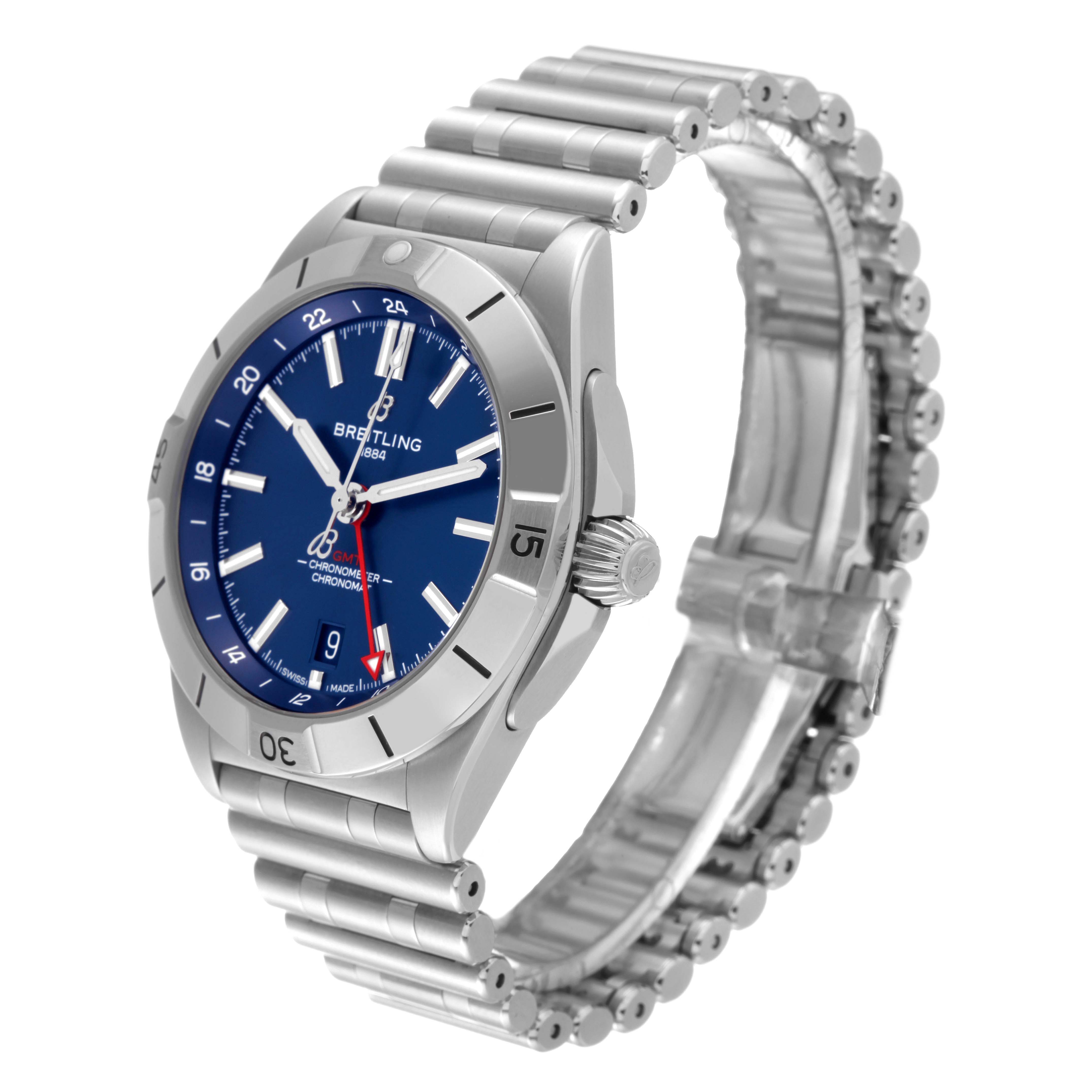 This image shows the Breitling Chronomat A32398 Men
s Stainless Steel Blue Dial A32398 Men
s Stainless Steel Blue Dial watch at a three-quarter angle, highlighting the dial, bezel, crown, and bracelet.