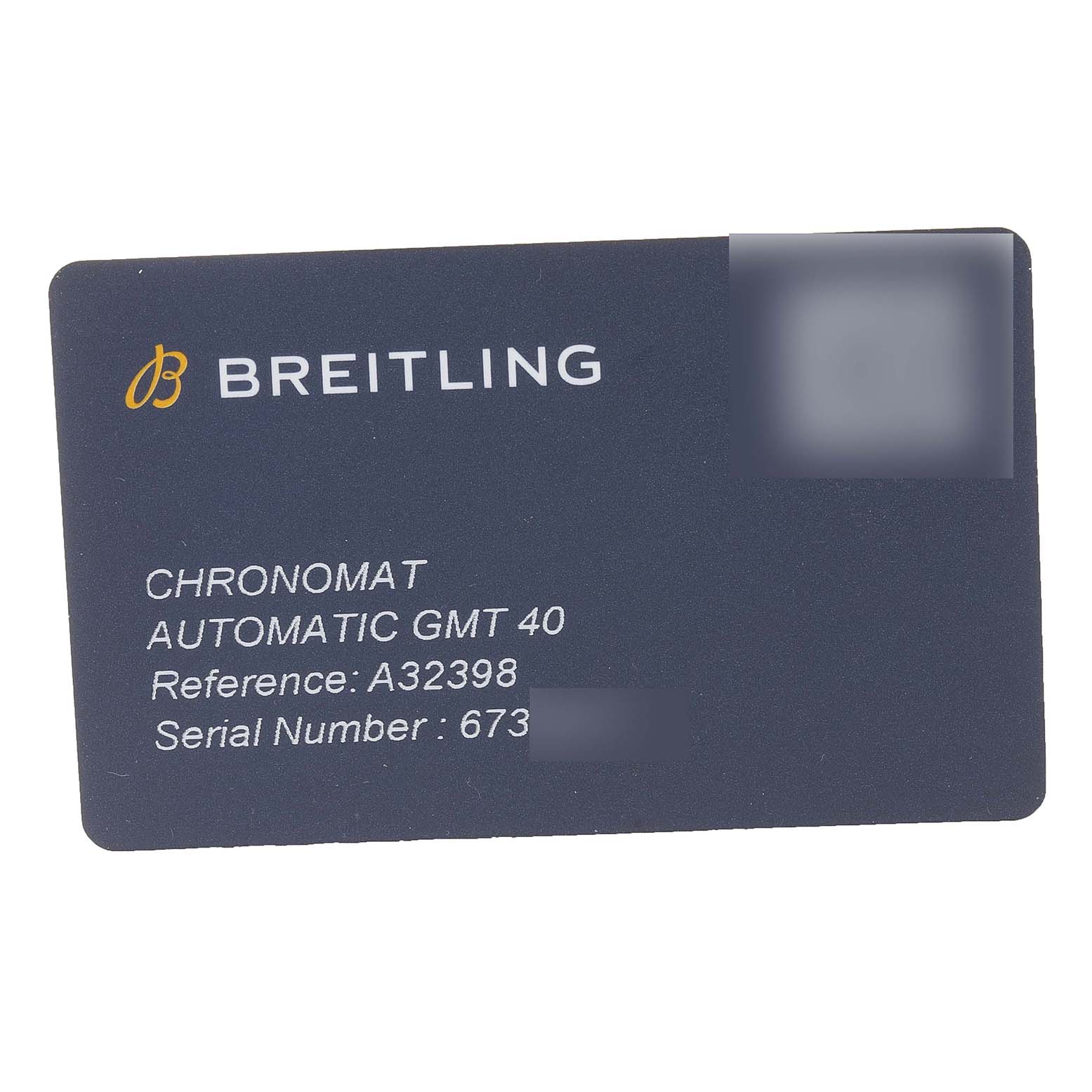 The image shows an identification card for the Breitling Chronomat A32398 Men
s Stainless Steel Blue Dial A32398 Men
s Stainless Steel Blue Dial Automatic GMT 40 watch, displaying the reference and serial numbers.