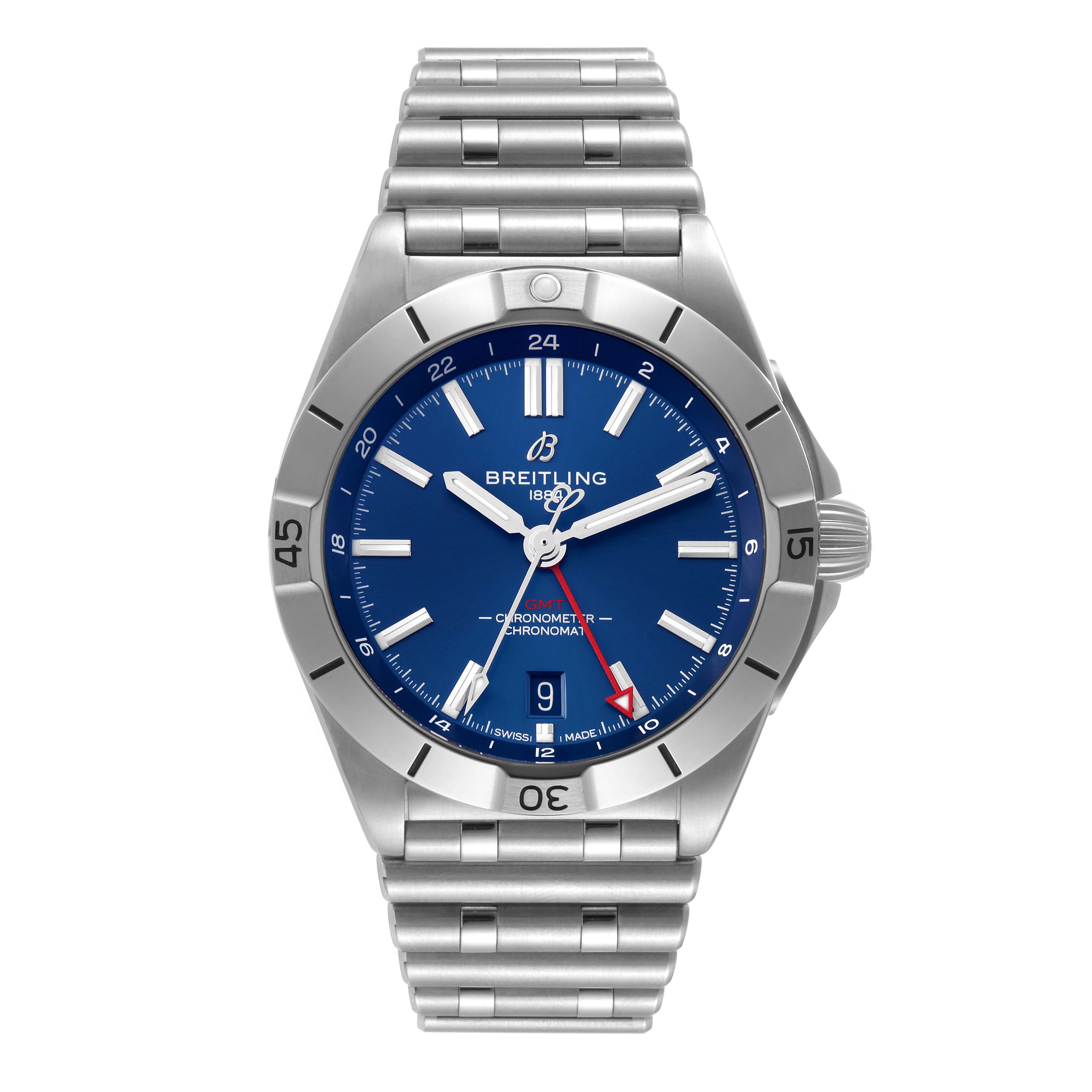 The image shows a frontal view of the Breitling Chronomat A32398 Men
s Stainless Steel Blue Dial A32398 Men
s Stainless Steel Blue Dial wristwatch, highlighting its blue dial, silver bracelet, and metal case.