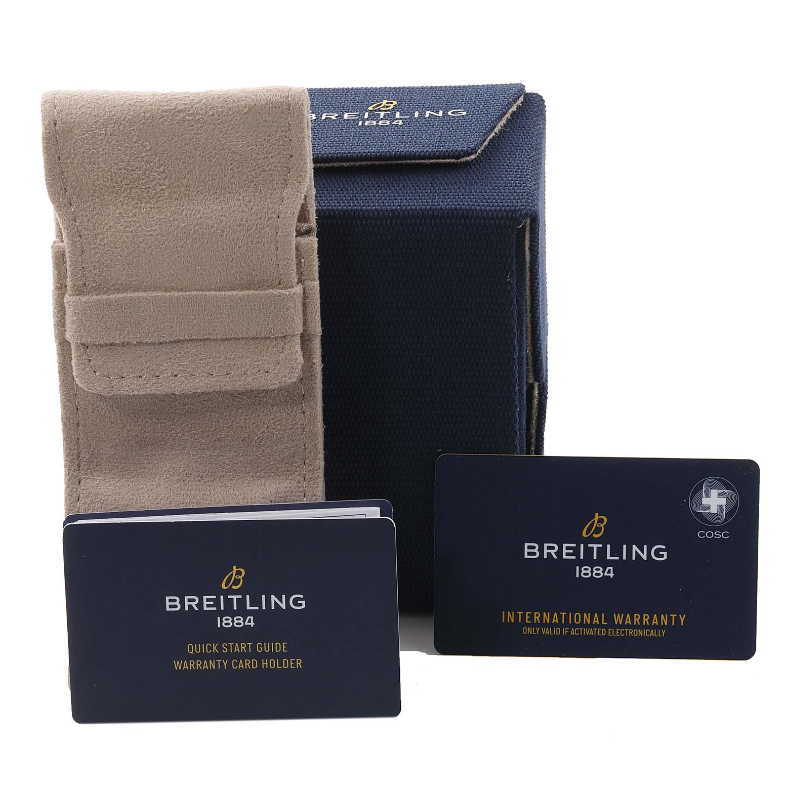 The image shows a carrying case, warranty cards, and user guides for the Breitling Chronomat A32398 Men
s Stainless Steel Blue Dial A32398 Men
s Stainless Steel Blue Dial model.