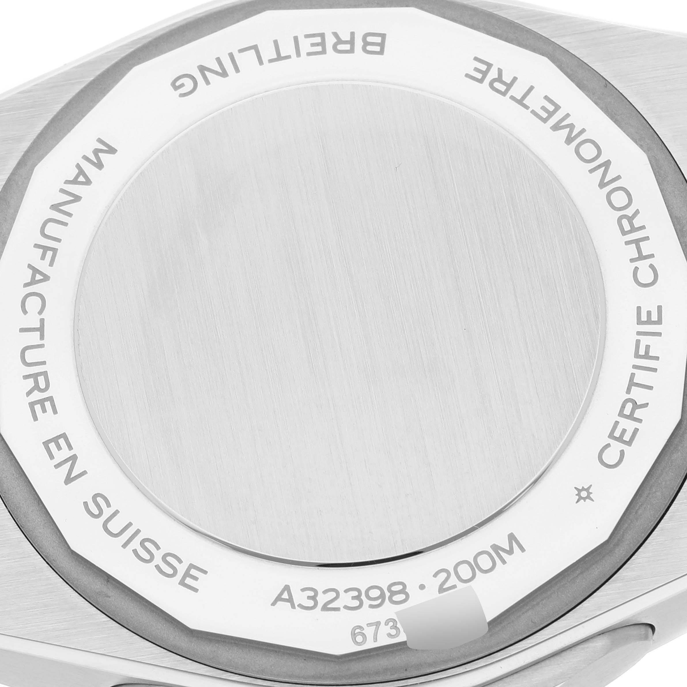 The image shows the back case of a Breitling Chronomat A32398 Men
s Stainless Steel Blue Dial A32398 Men
s Stainless Steel Blue Dial watch, highlighting the model number A32398 and other inscriptions.