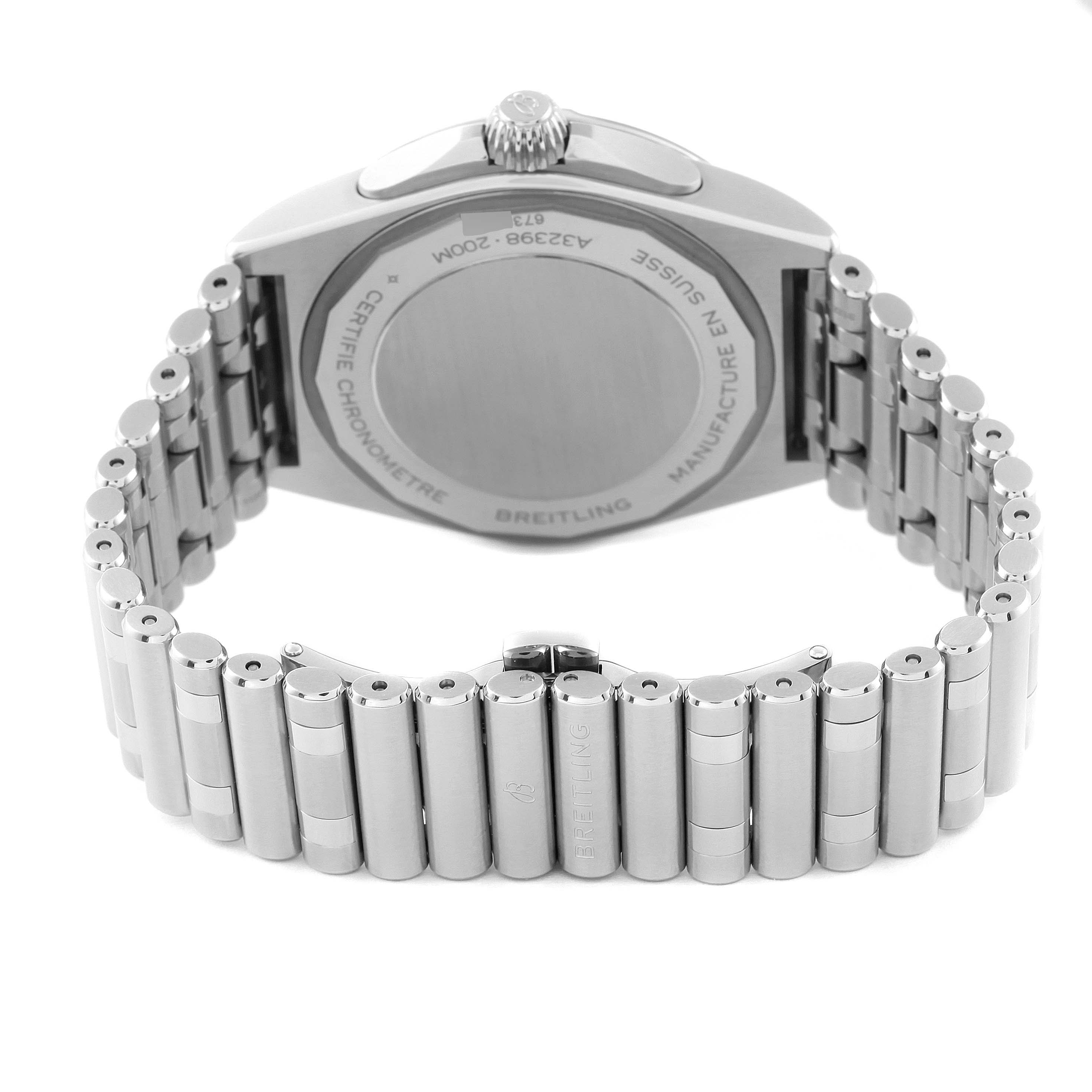 This image shows the back case and open stainless steel bracelet of a Breitling Chronomat A32398 Men
s Stainless Steel Blue Dial A32398 Men
s Stainless Steel Blue Dial watch.