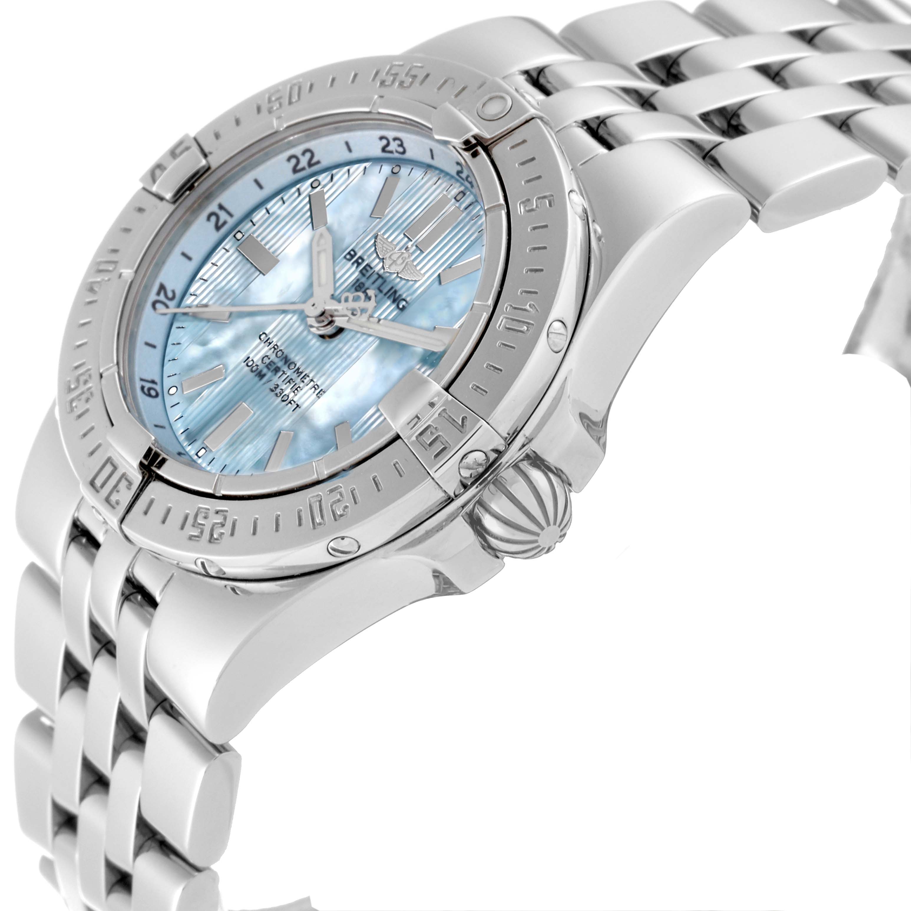 This image shows a side angle view of the Breitling A71340 Women
s Stainless Steel Mother of Pearl Dial A71340 Women
s Stainless Steel Mother of Pearl Dial Starliner Blue Mother of Pearl Dial Steel Ladies Watch A71340, highlighting the dial, case, and bracelet.