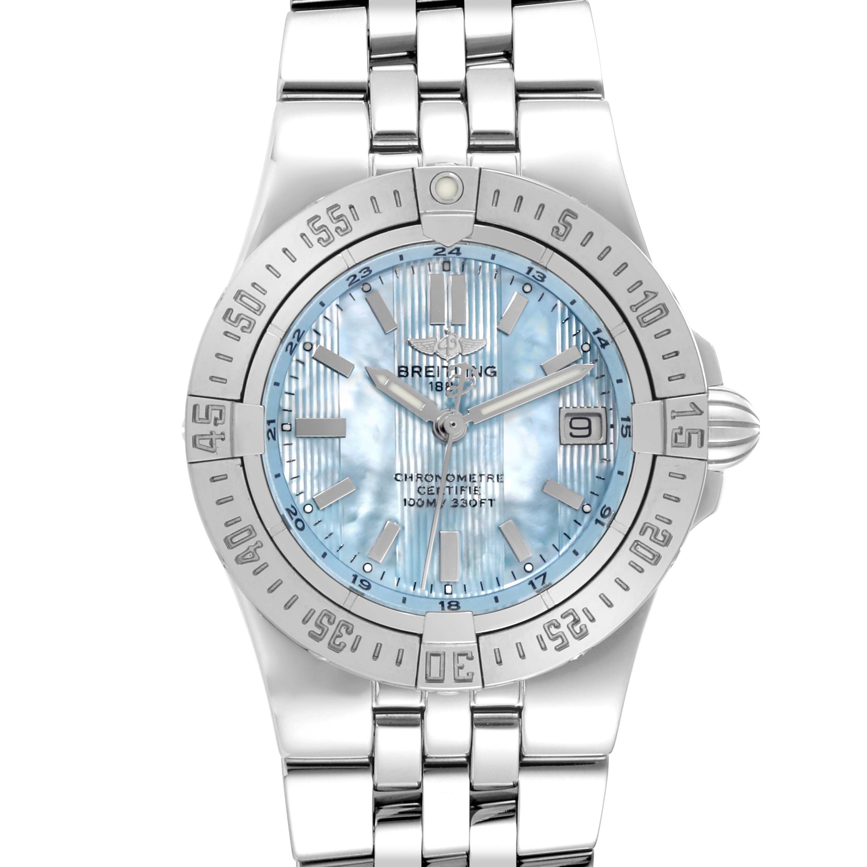 The Breitling A71340 Women
s Stainless Steel Mother of Pearl Dial A71340 Women
s Stainless Steel Mother of Pearl Dial Starliner Blue Mother of Pearl Dial Steel Ladies Watch A71340 is shown from a frontal angle, displaying the dial and bracelet.
