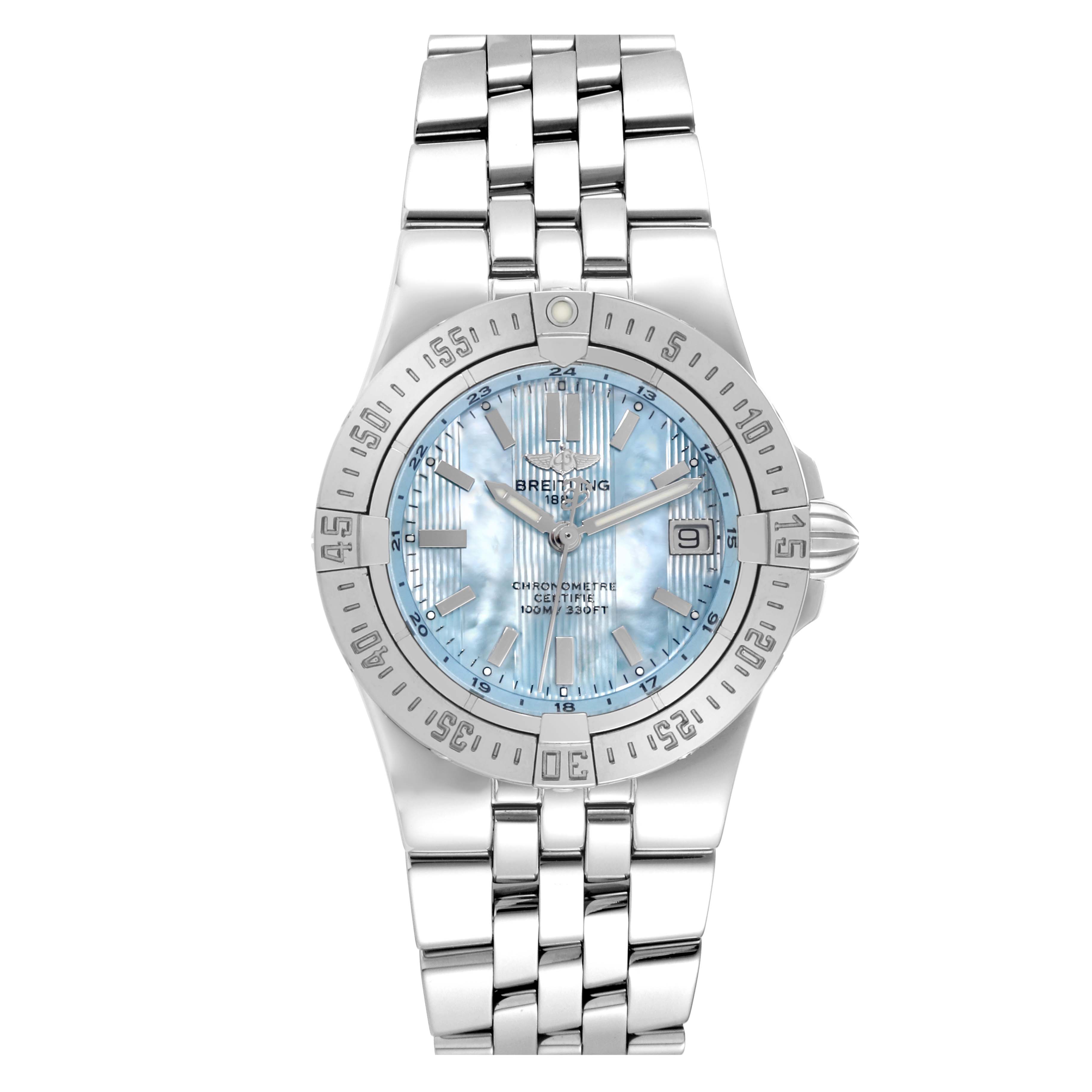 The image shows a front view of a Breitling A71340 Women
s Stainless Steel Mother of Pearl Dial A71340 Women
s Stainless Steel Mother of Pearl Dial Starliner Blue Mother of Pearl Dial Steel Ladies Watch A71340, displaying the dial, bezel, and bracelet.