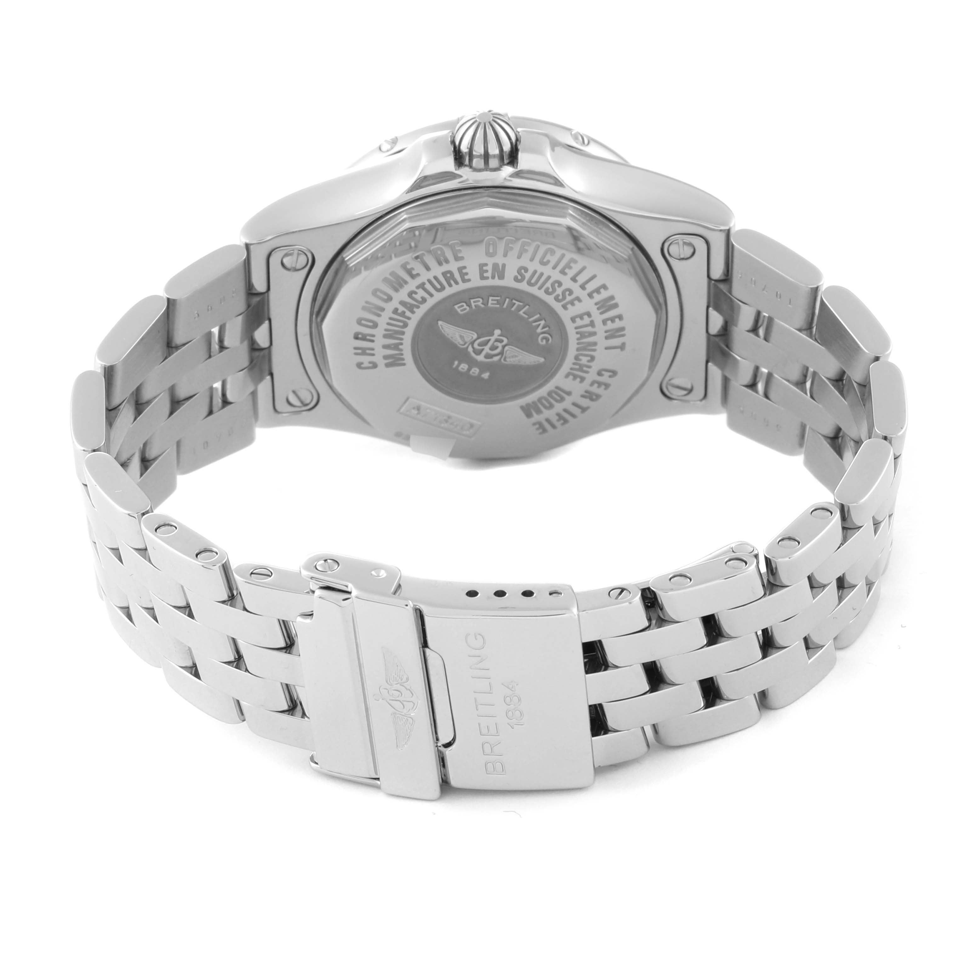 The image shows the back view of the Breitling A71340 Women
s Stainless Steel Mother of Pearl Dial A71340 Women
s Stainless Steel Mother of Pearl Dial Starliner Blue Mother of Pearl Dial Steel Ladies Watch A71340, highlighting the case back and bracelet.