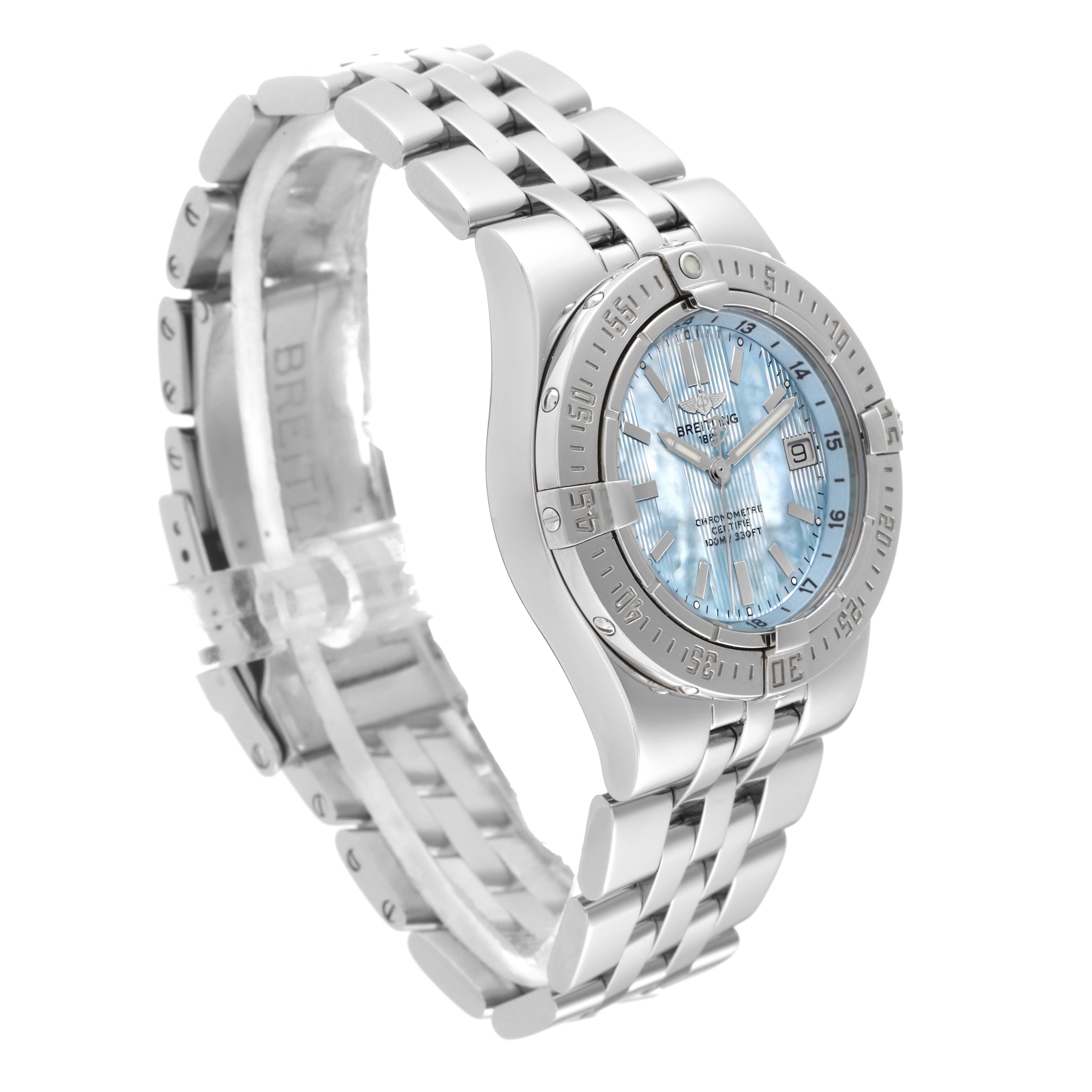 The Breitling A71340 Women
s Stainless Steel Mother of Pearl Dial A71340 Women
s Stainless Steel Mother of Pearl Dial Starliner A71340 Ladies Watch is shown at a three-quarter angle, highlighting its blue mother of pearl dial, bezel, and bracelet.